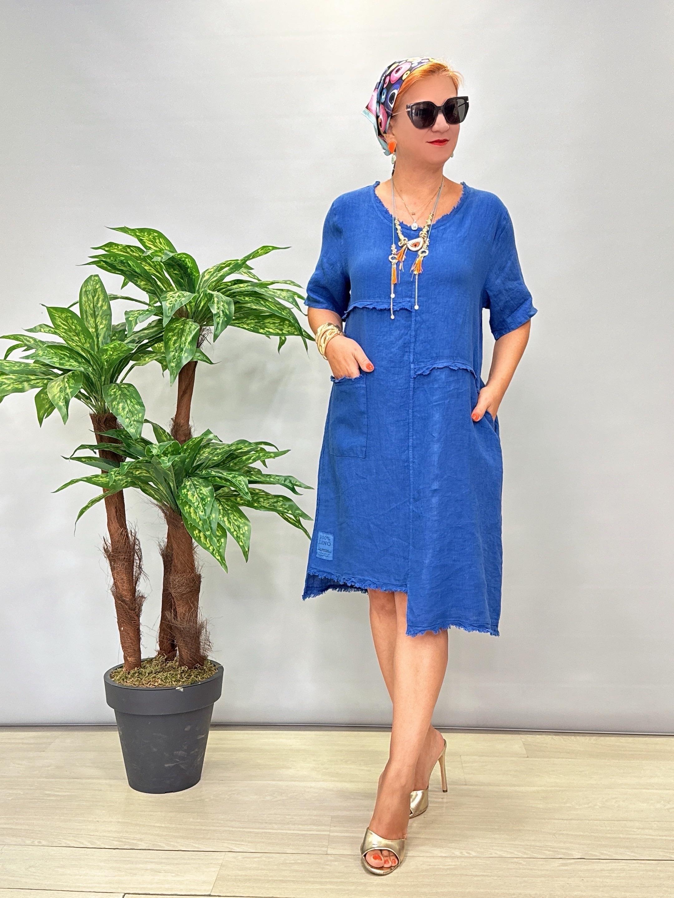 4005 Tasarım Italyan Keten Elbise Saks Mavi