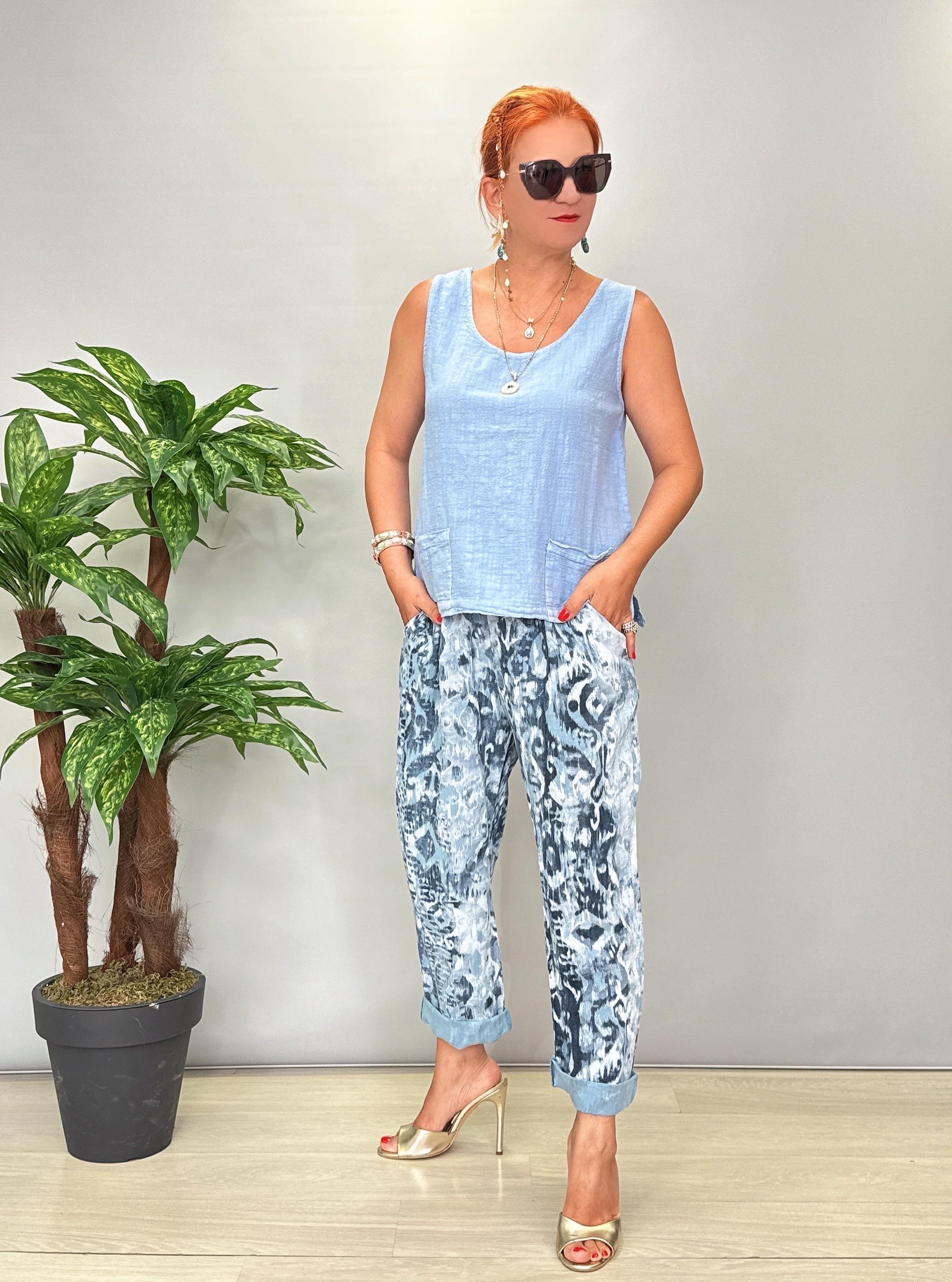 4007 Italyan Keten Pantolon Mavi