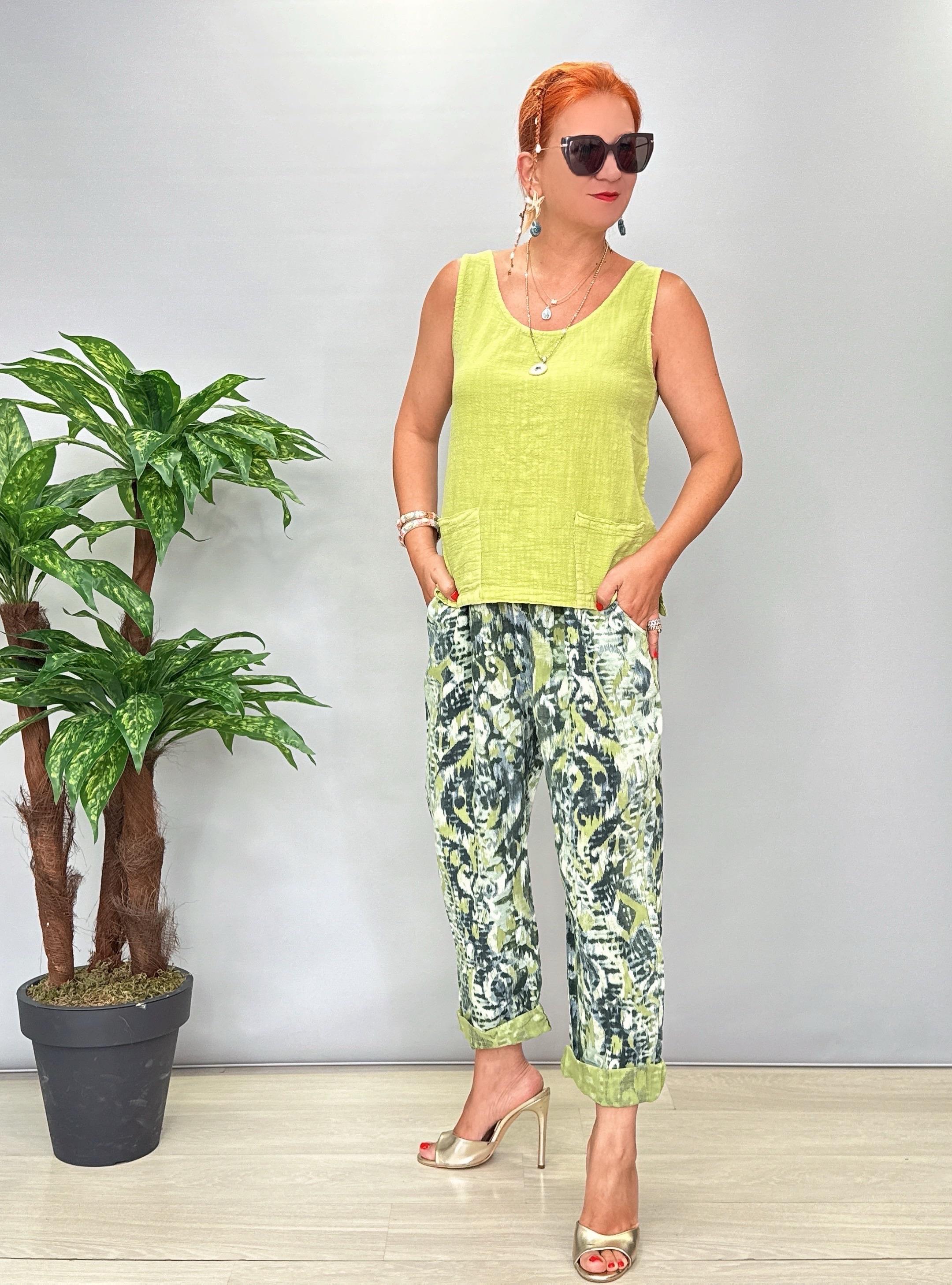 4007 Italyan Keten Pantolon Yeşil