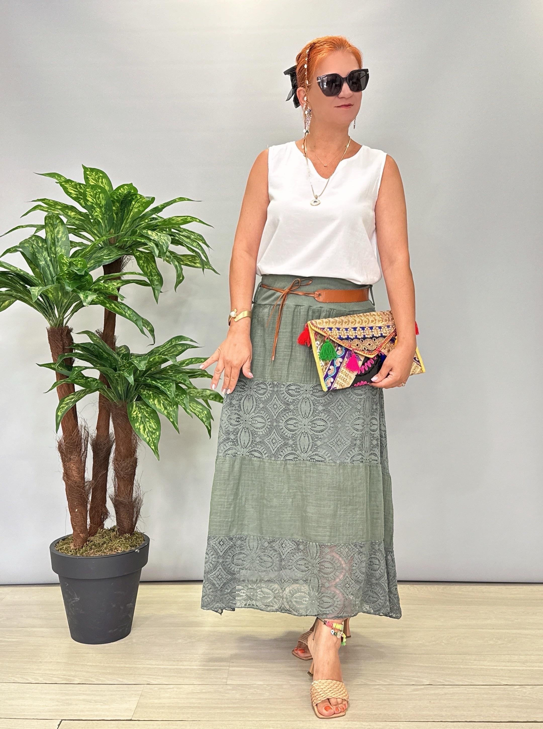 4122 Italyan Pamuklu Dantel Detay Etek Haki