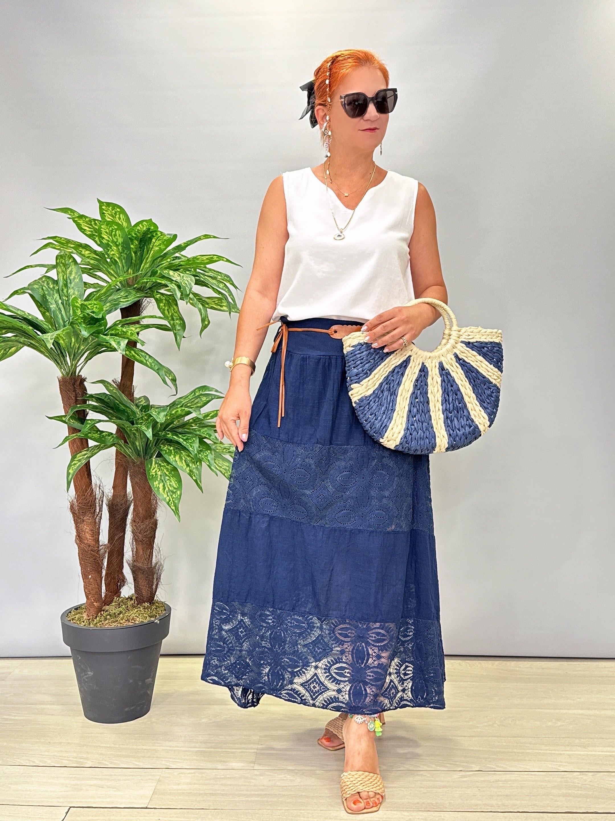 4122 Italyan Pamuklu Dantel Detay Etek Lacivert 