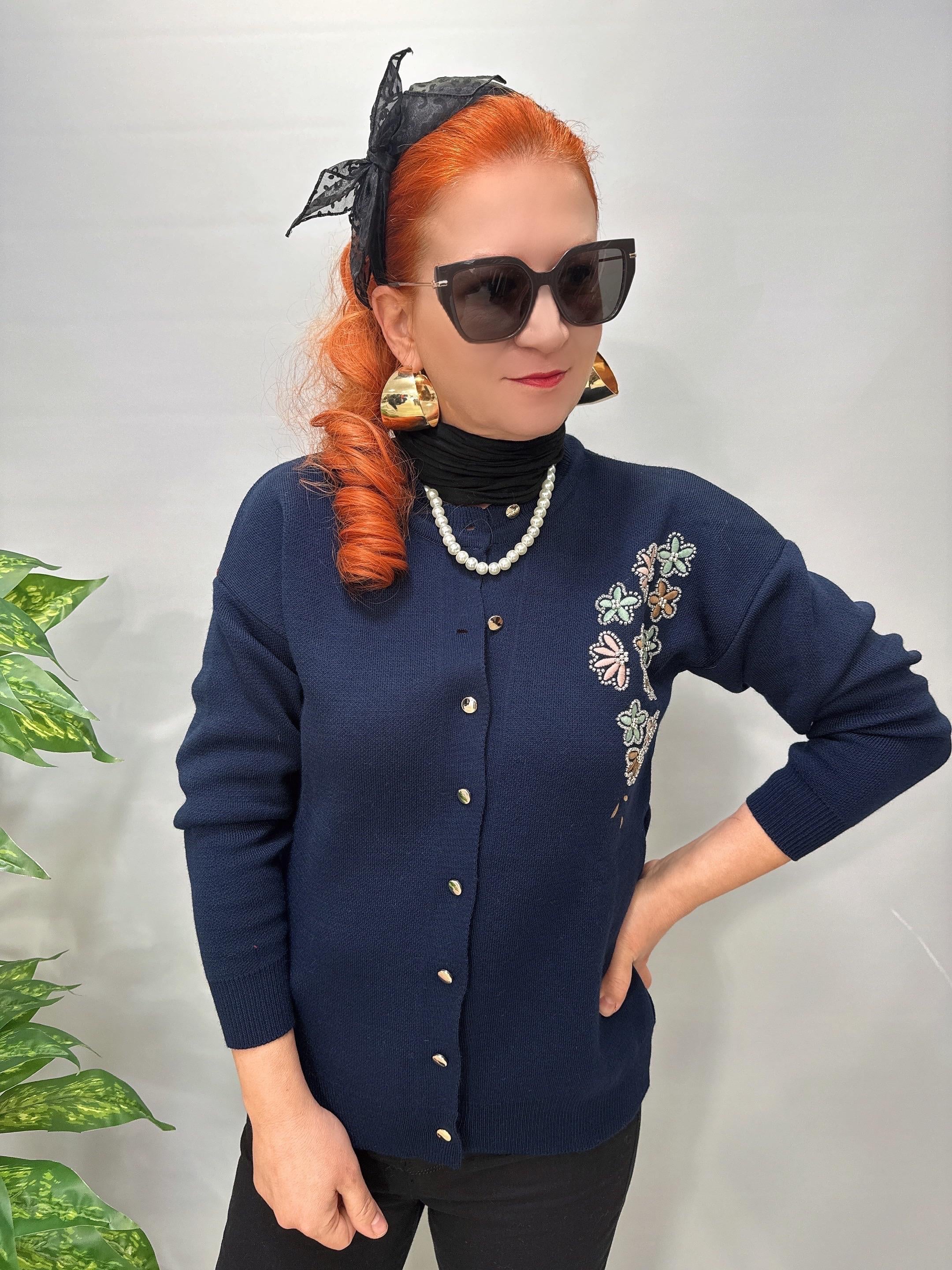 4313 Nakış Detaylı Triko Hırka Bluz Lacivert