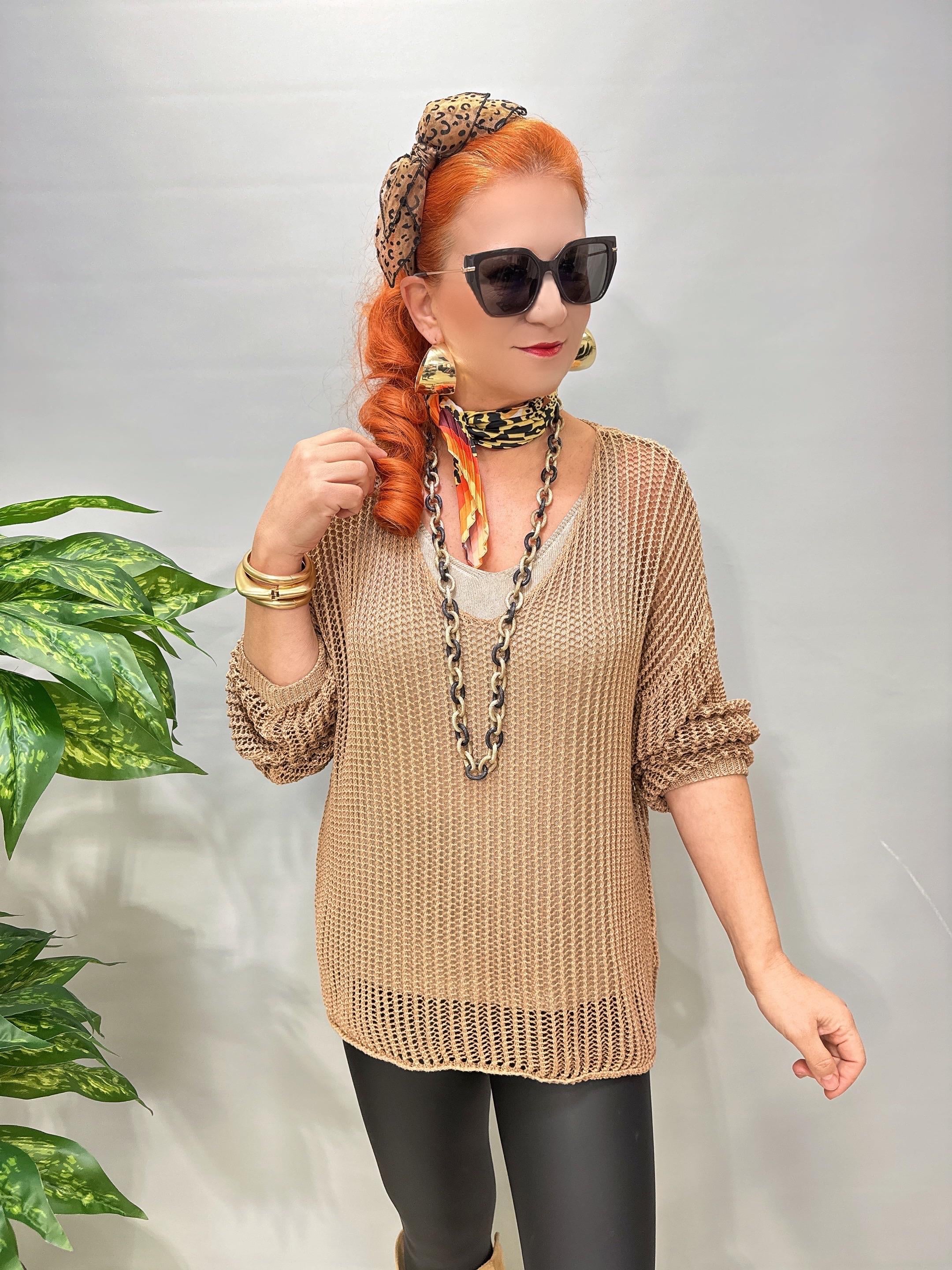 4527 Italyan Delikli Triko Bluz Camel