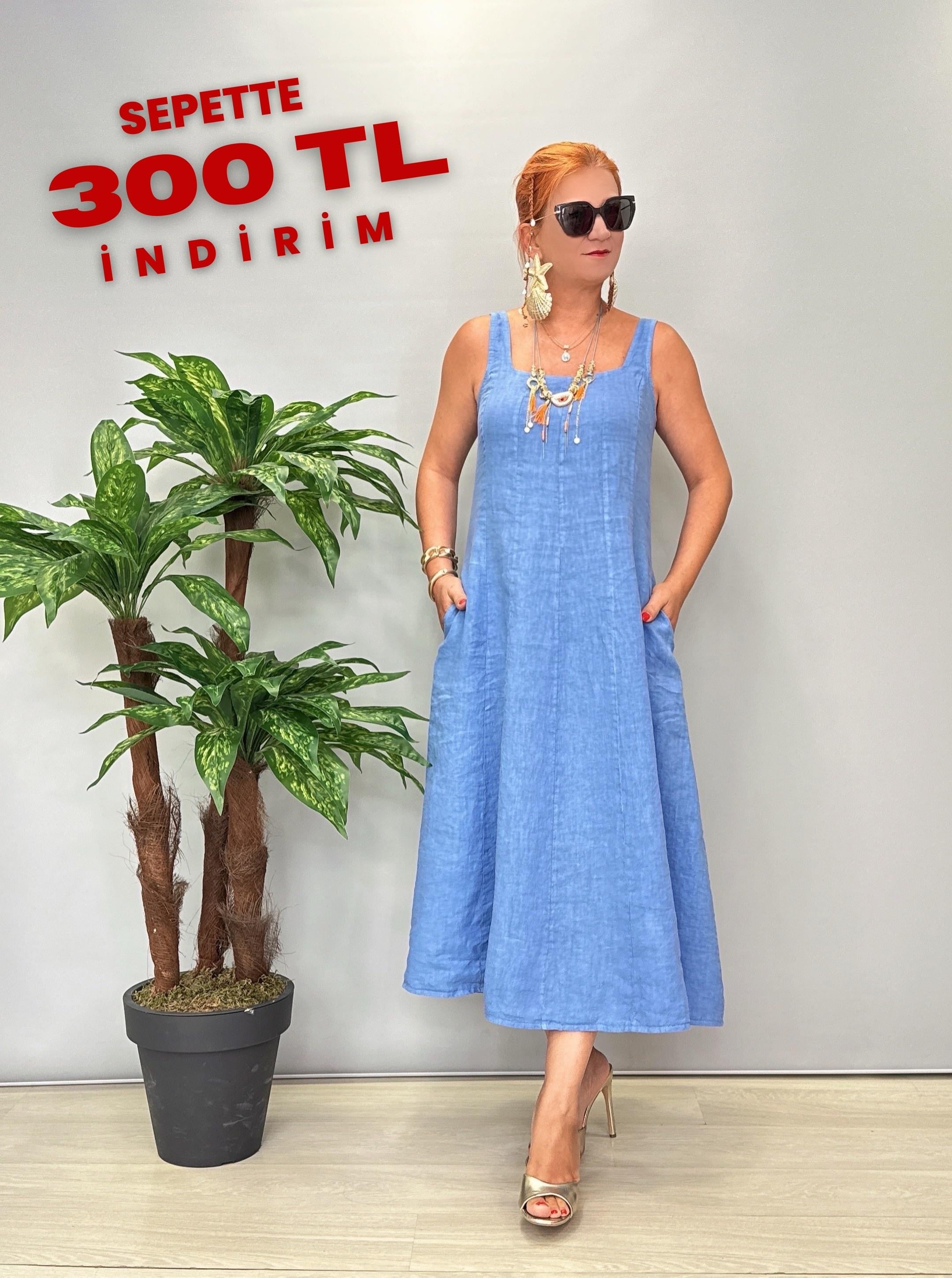 4550 Italyan Ham Keten Elbise Mavi