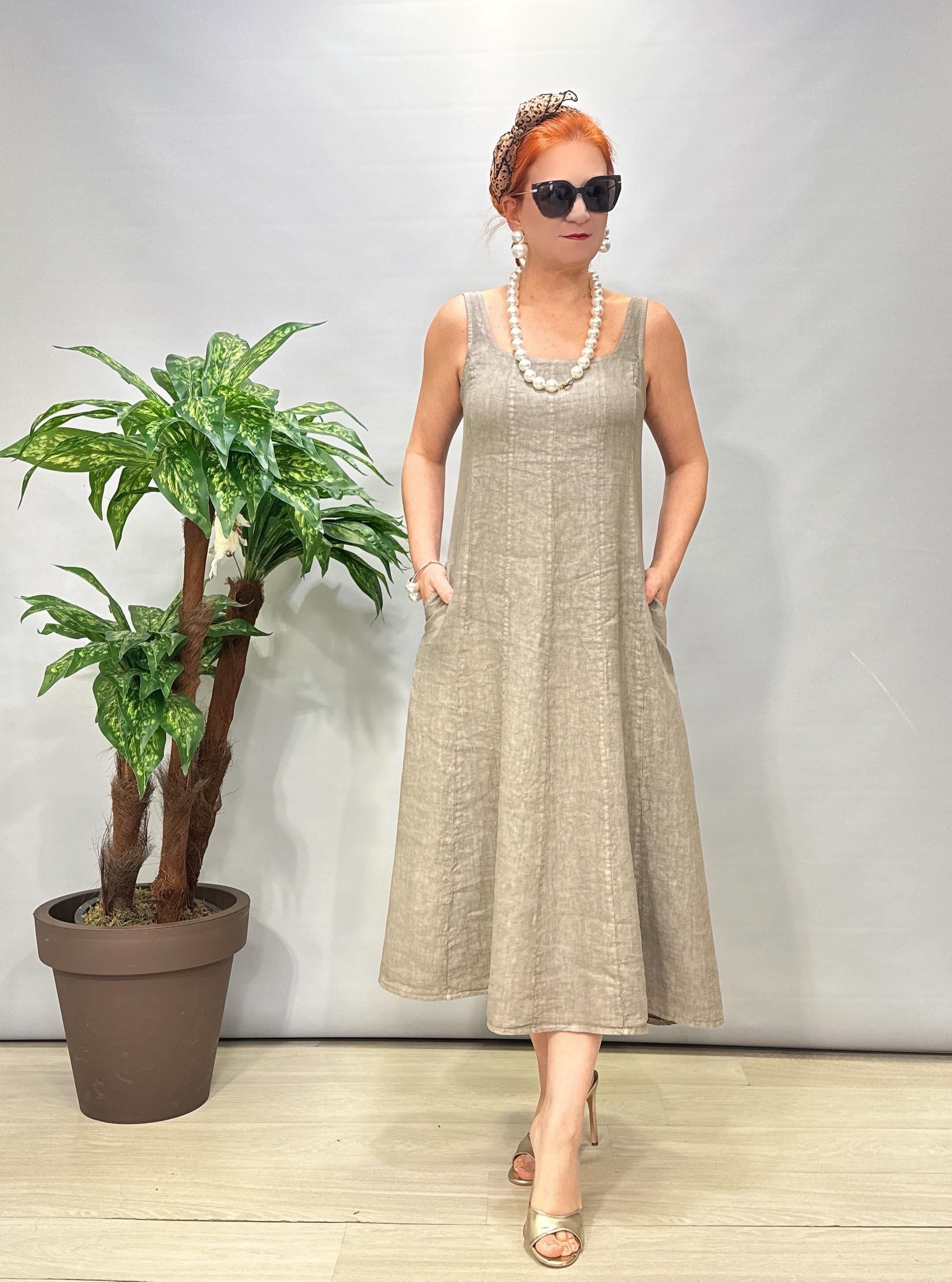 4550 Italyan Ham Keten Elbise Vizon