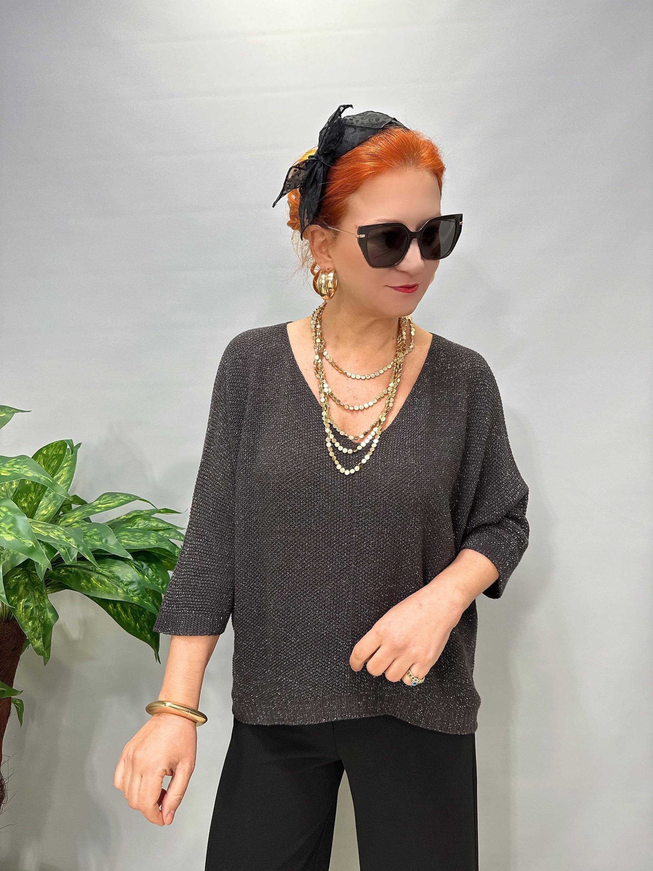 4550 Italyan Simli Merserize Triko Bluz Acı Kahve