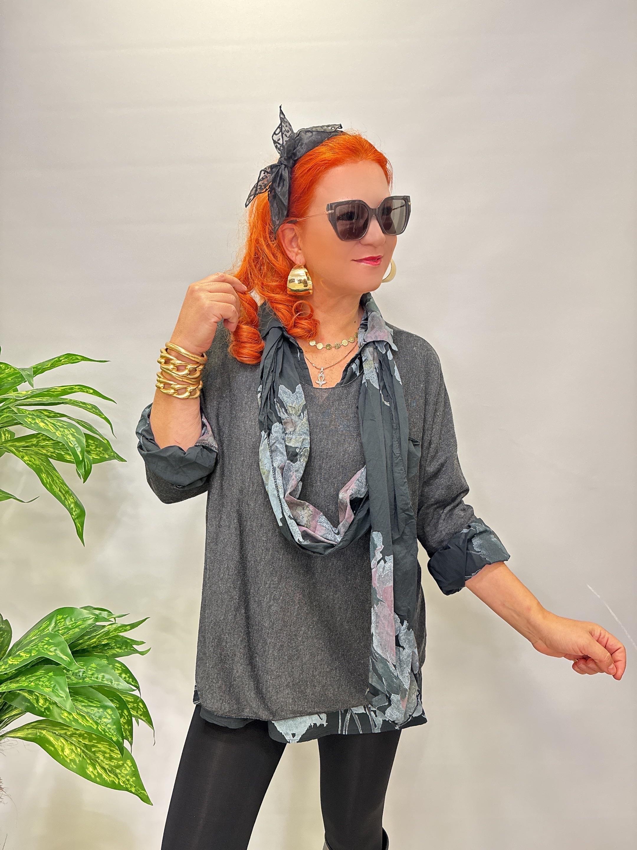 4646 Italyan Fularlı Pamuklu Bluz Antrasit