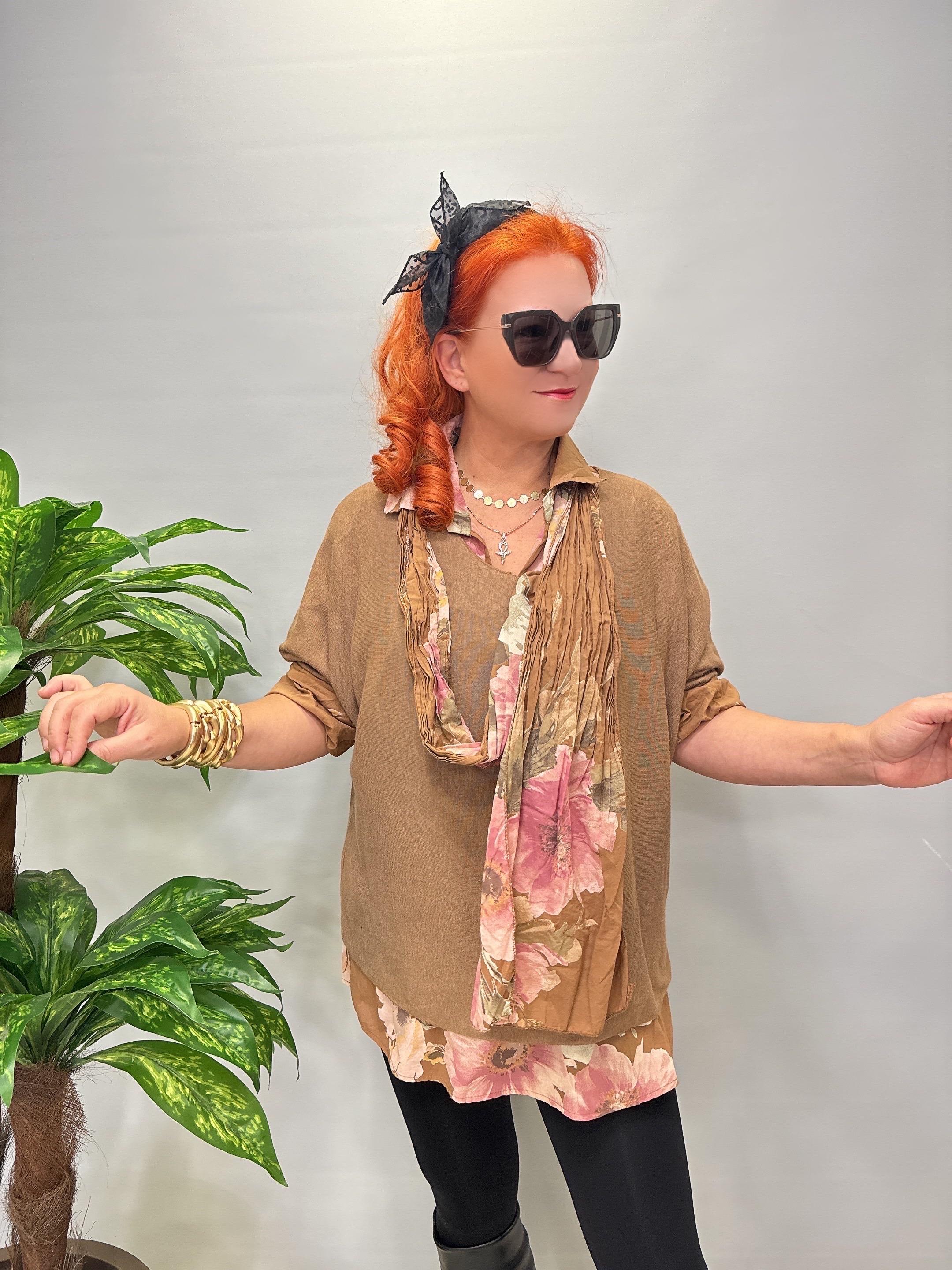 4646 Italyan Fularlı Pamuklu Bluz Camel