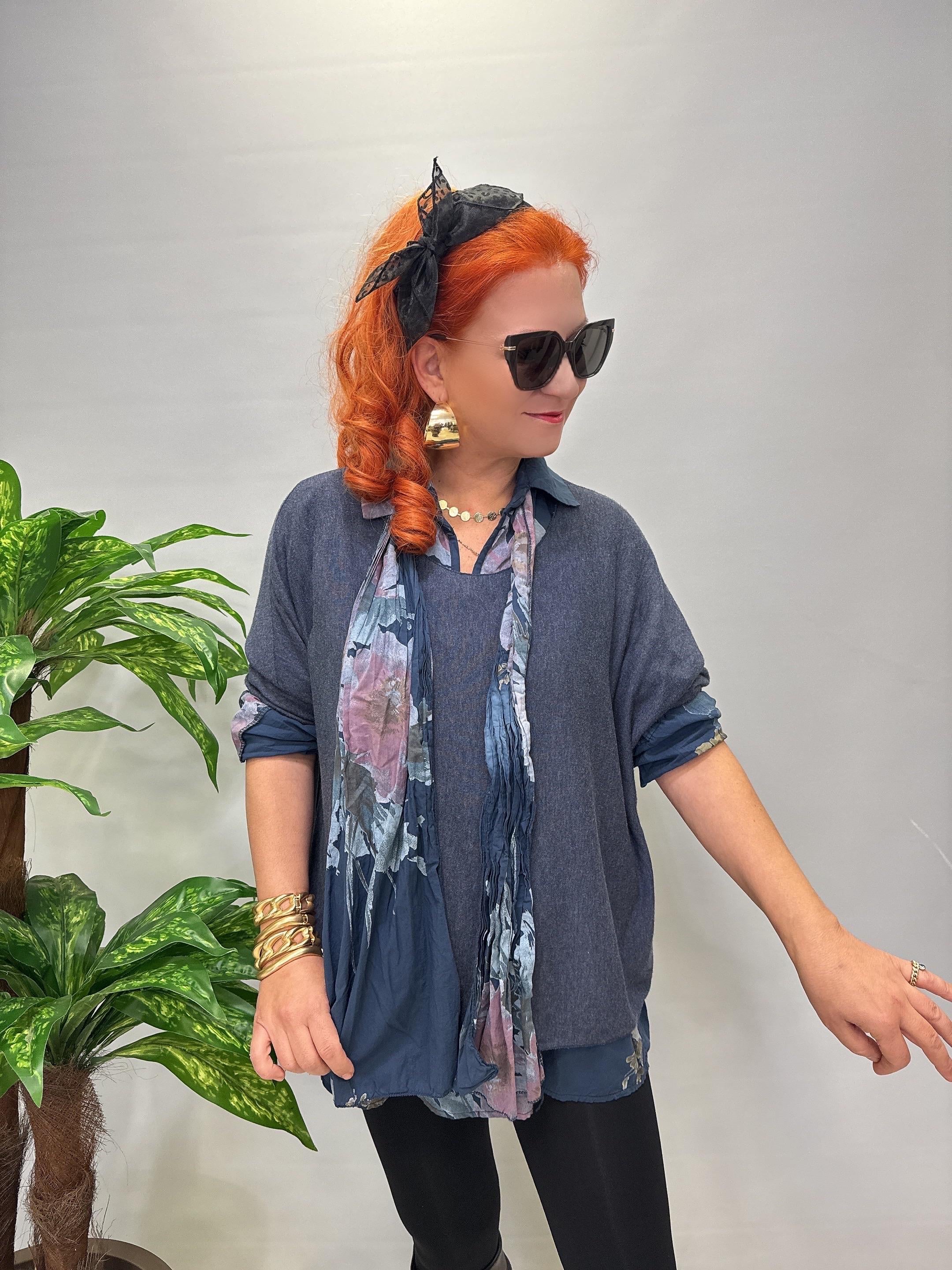 4646 Italyan Fularlı Pamuklu Bluz Lacivert