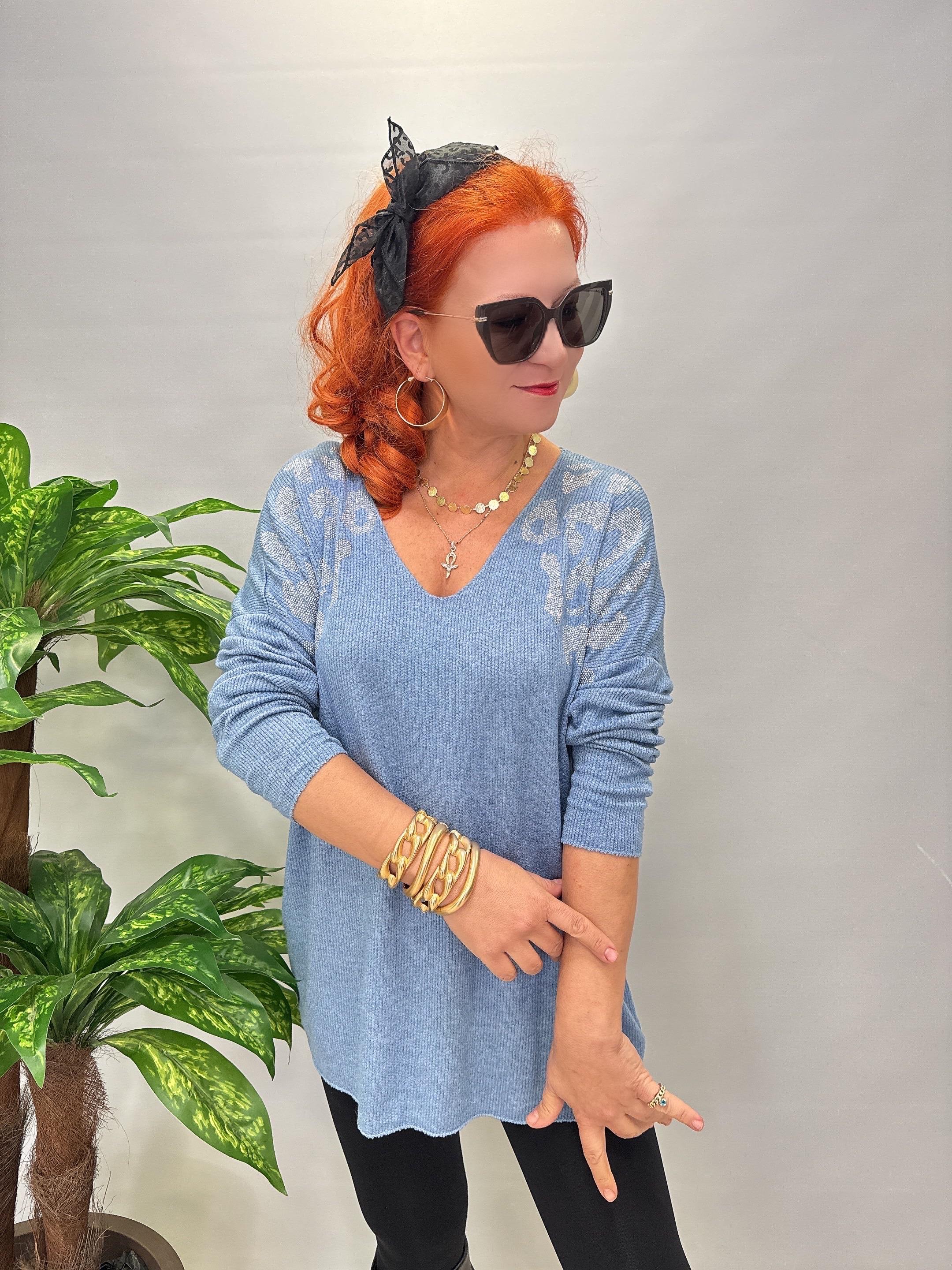 4646 Italyan Taşlı Leopar Detay Bluz Mavi