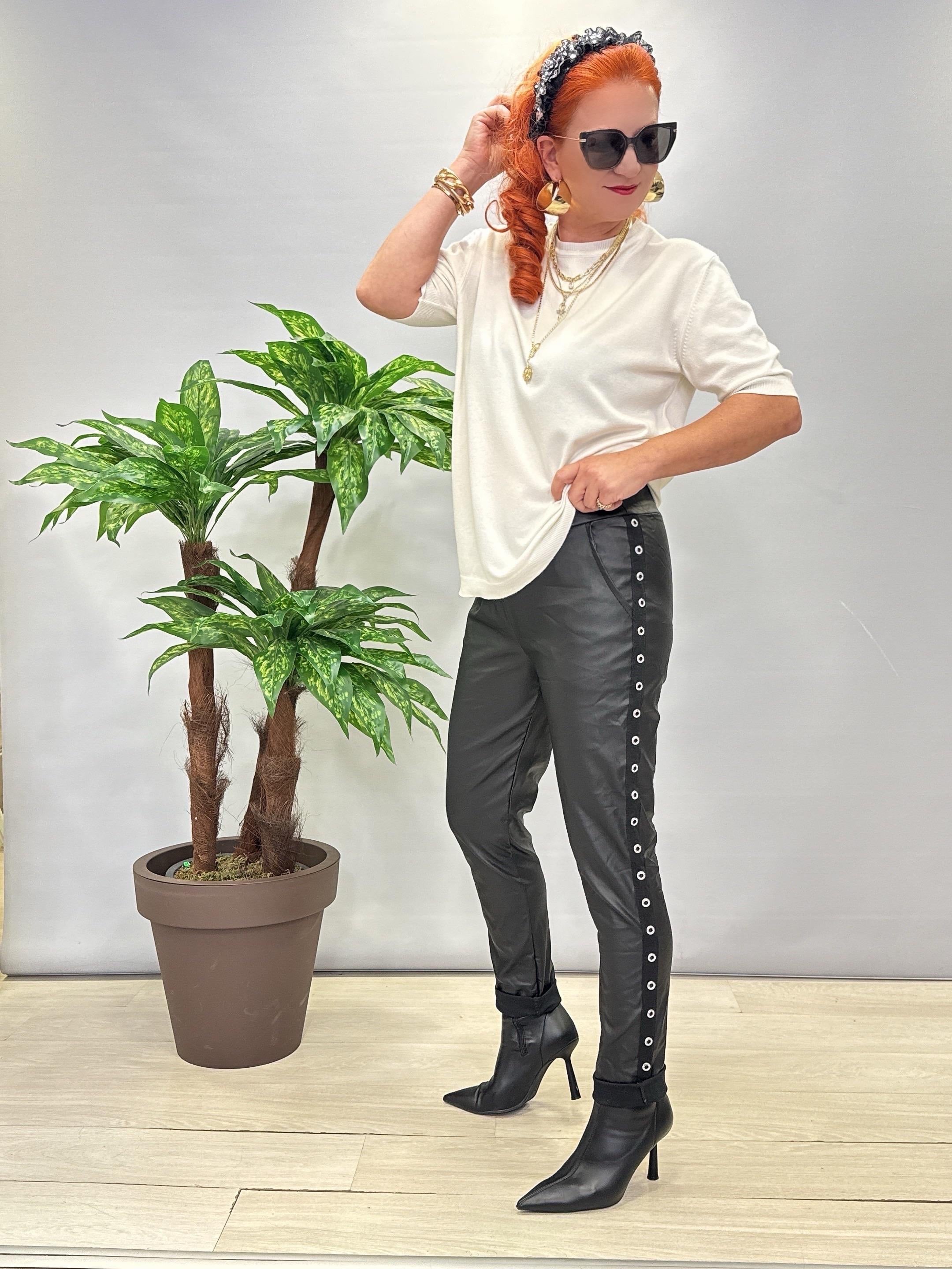 4860 Italyan Trok Detaylı Deri Pantolon Siyah