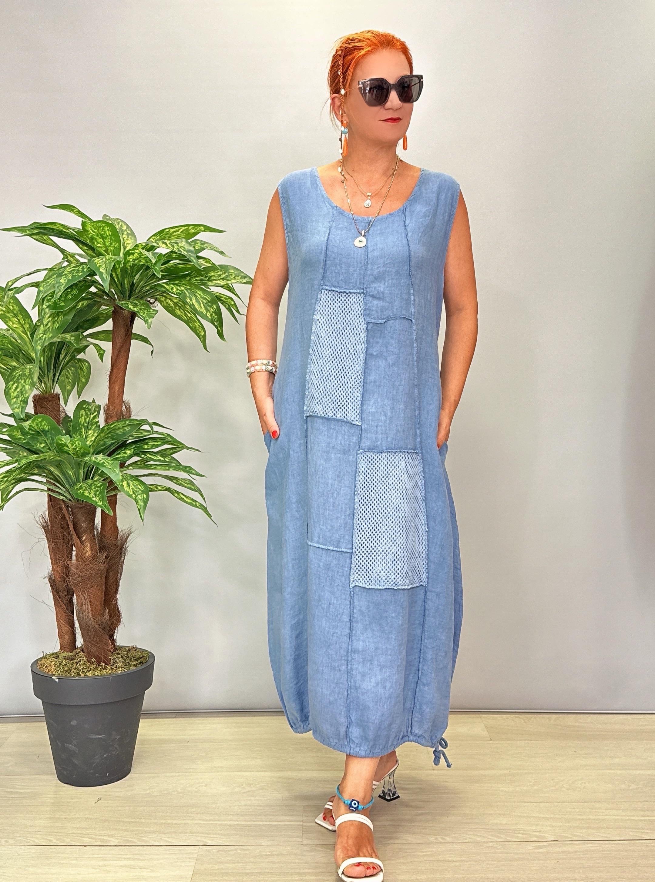 5002 Italyan Tasarım Keten Elbise Mavi