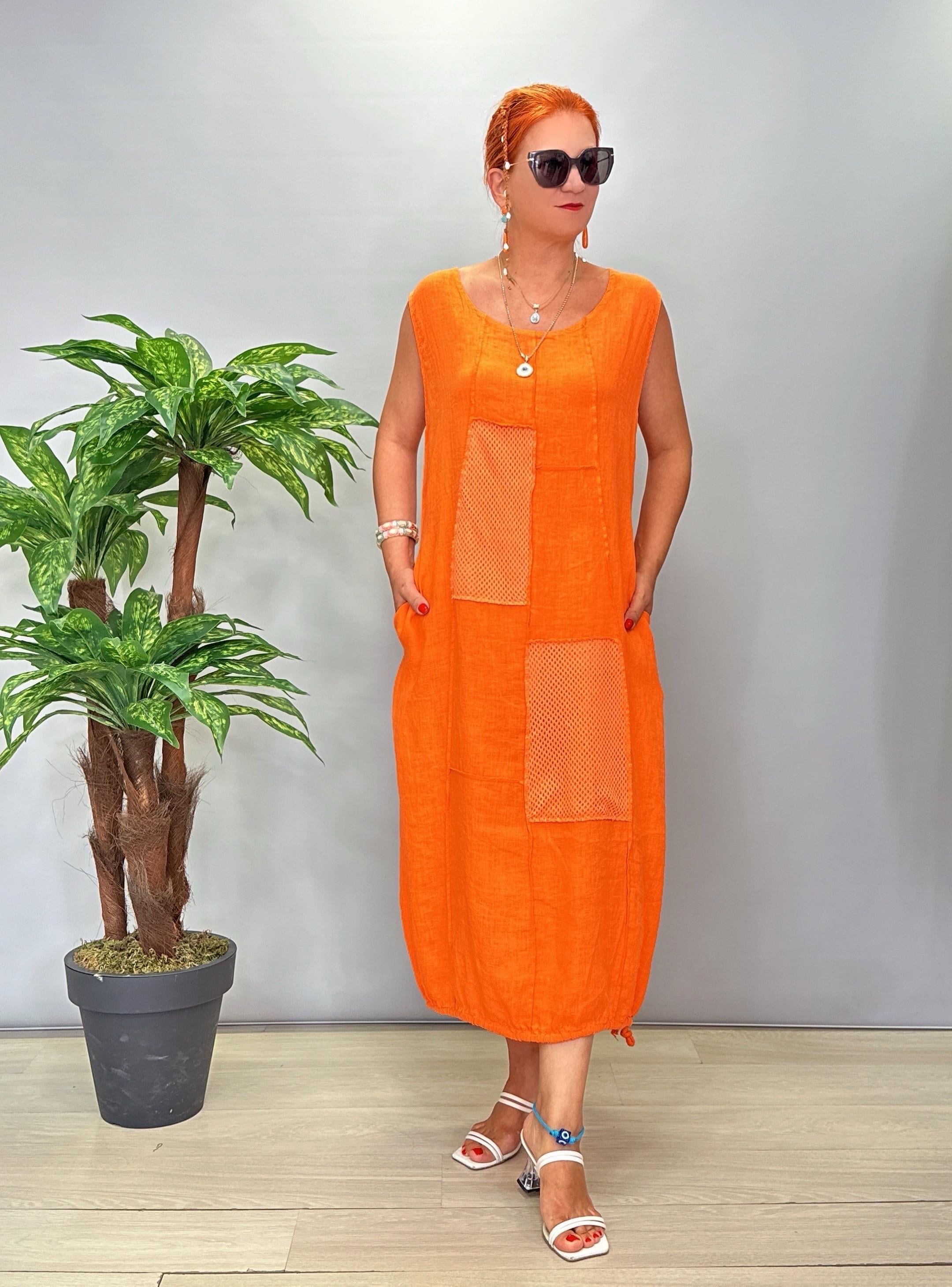5002 Italyan Tasarım Keten Elbise Turuncu