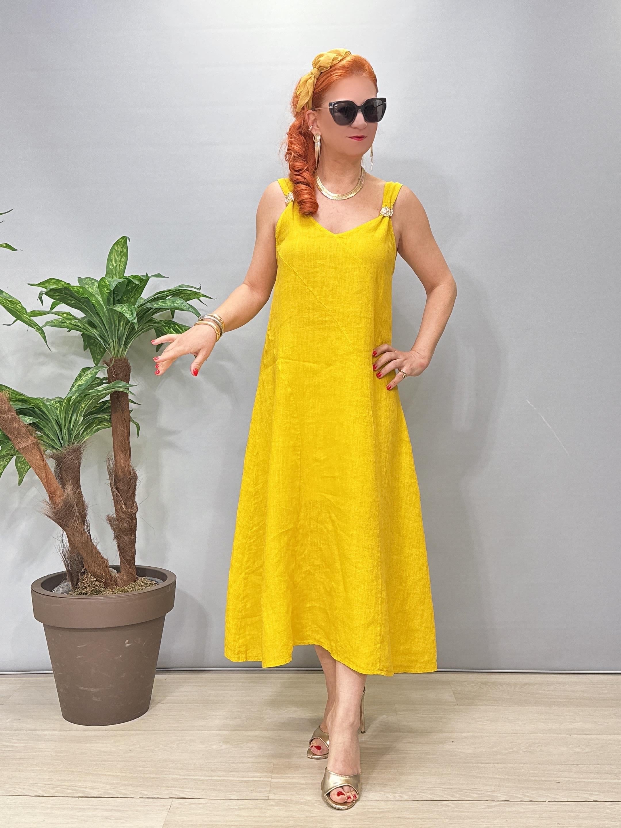 5045 Italyan Ham Keten Elbise Sarı