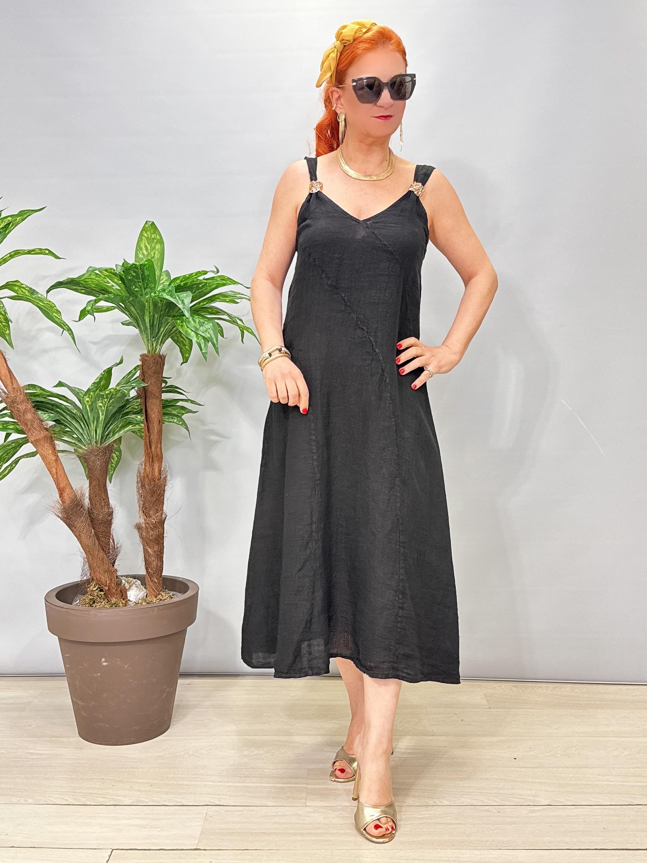 5045 Italyan Ham Keten Elbise Siyah