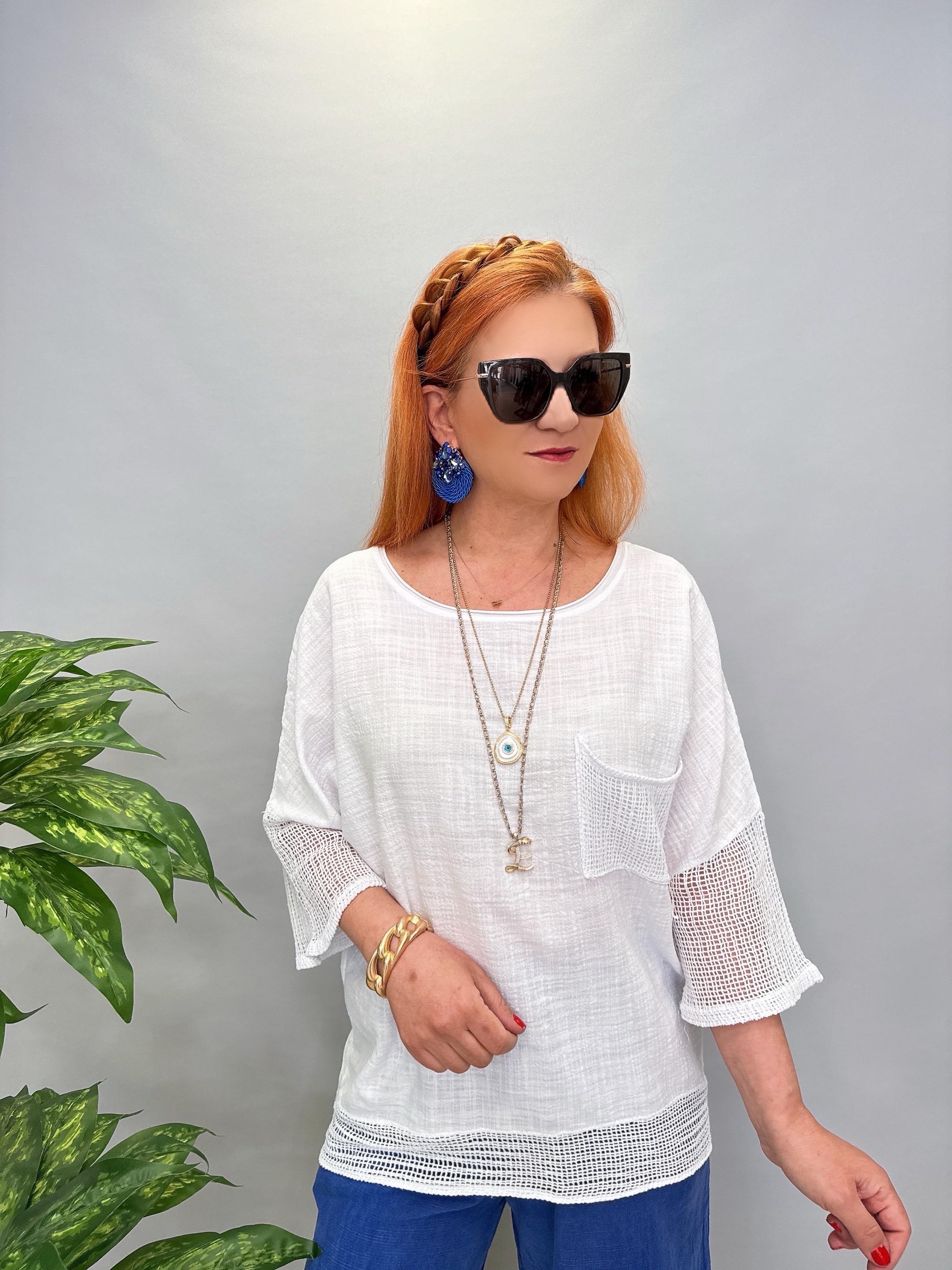 5045 Pamuklu Fİle Detaylı Bluz Beyaz