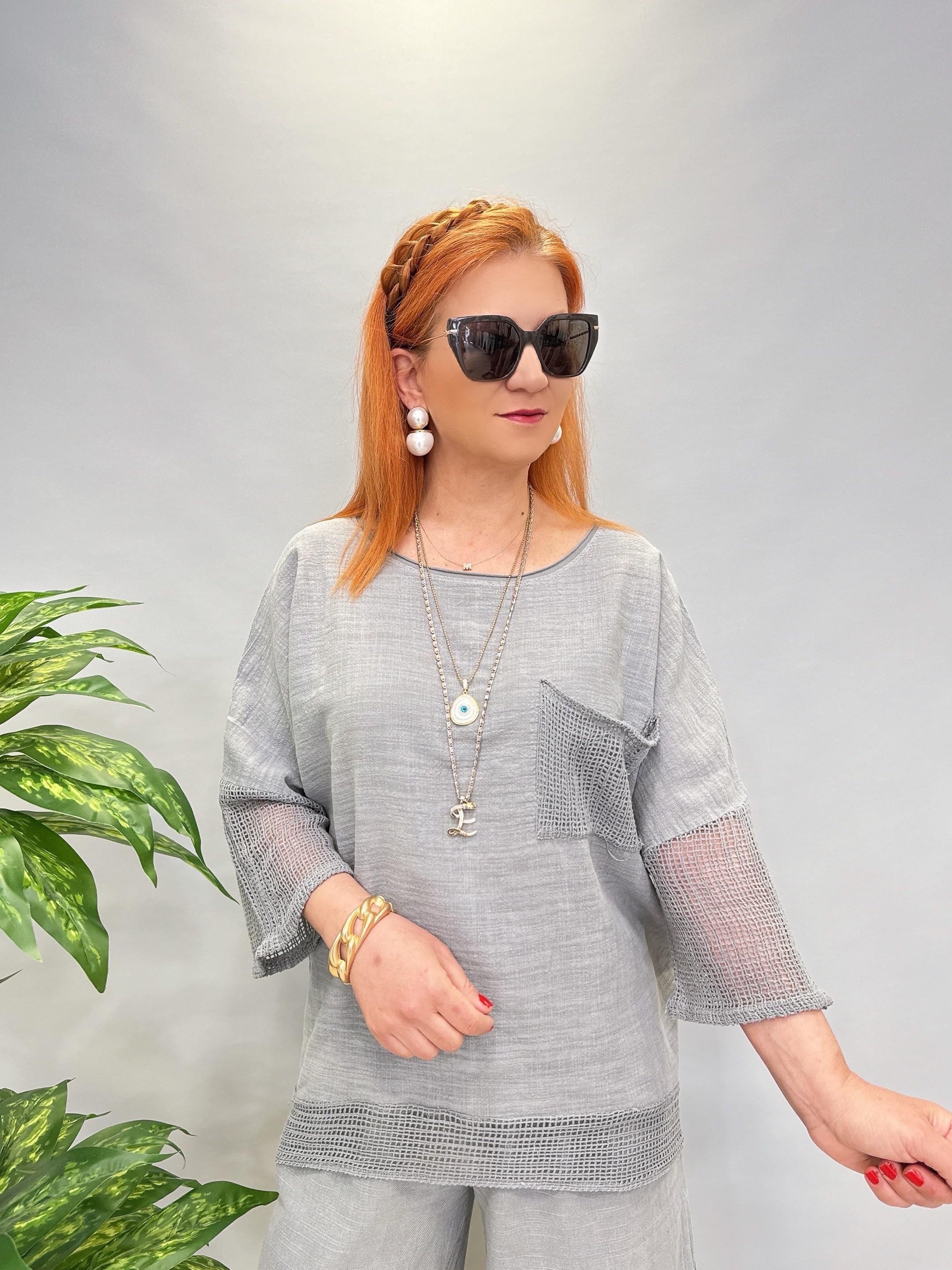 5045 Pamuklu Fİle Detaylı Bluz Gri