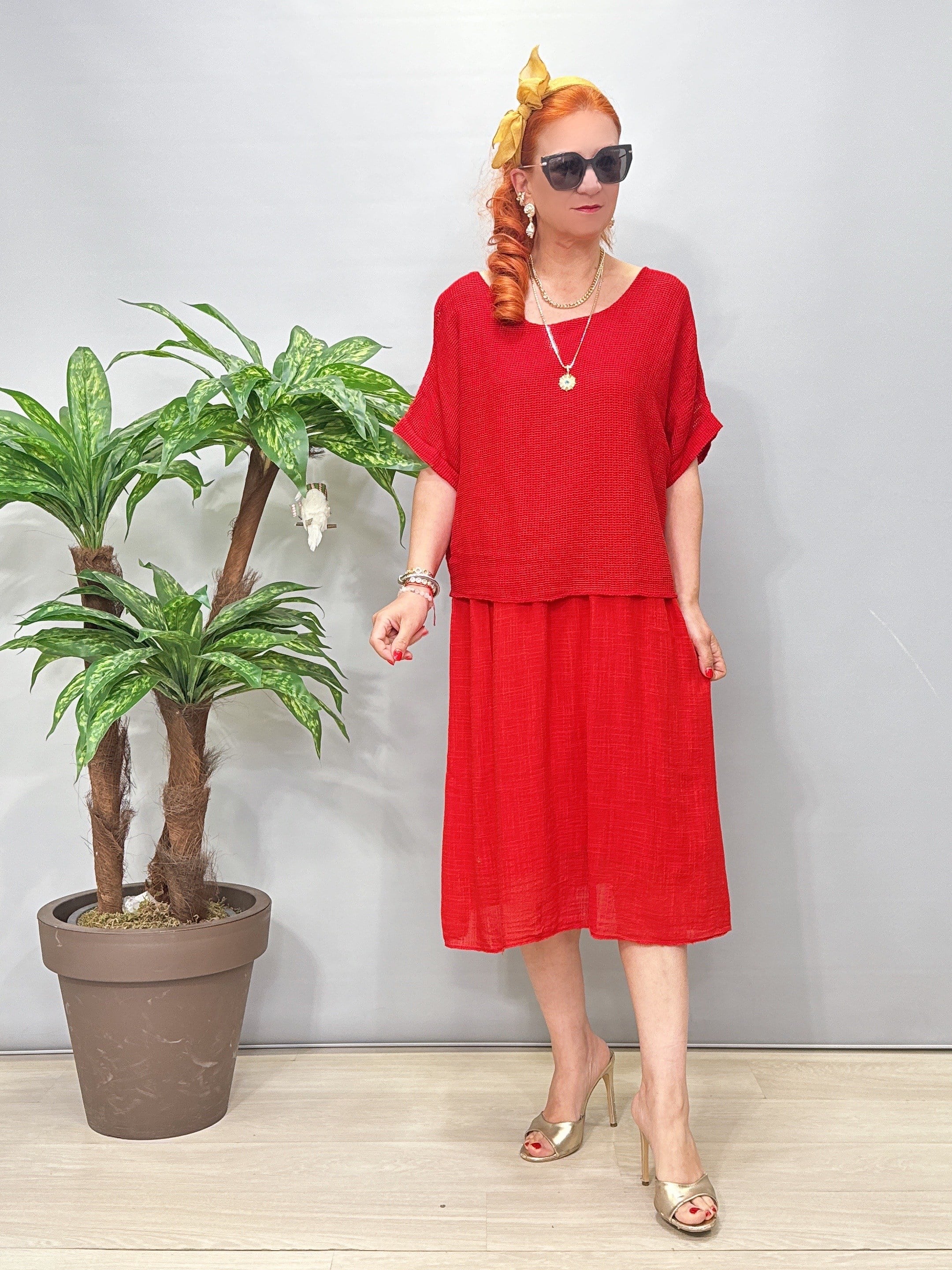 5051 Italyan Pamuklu Elbise Kırmızı