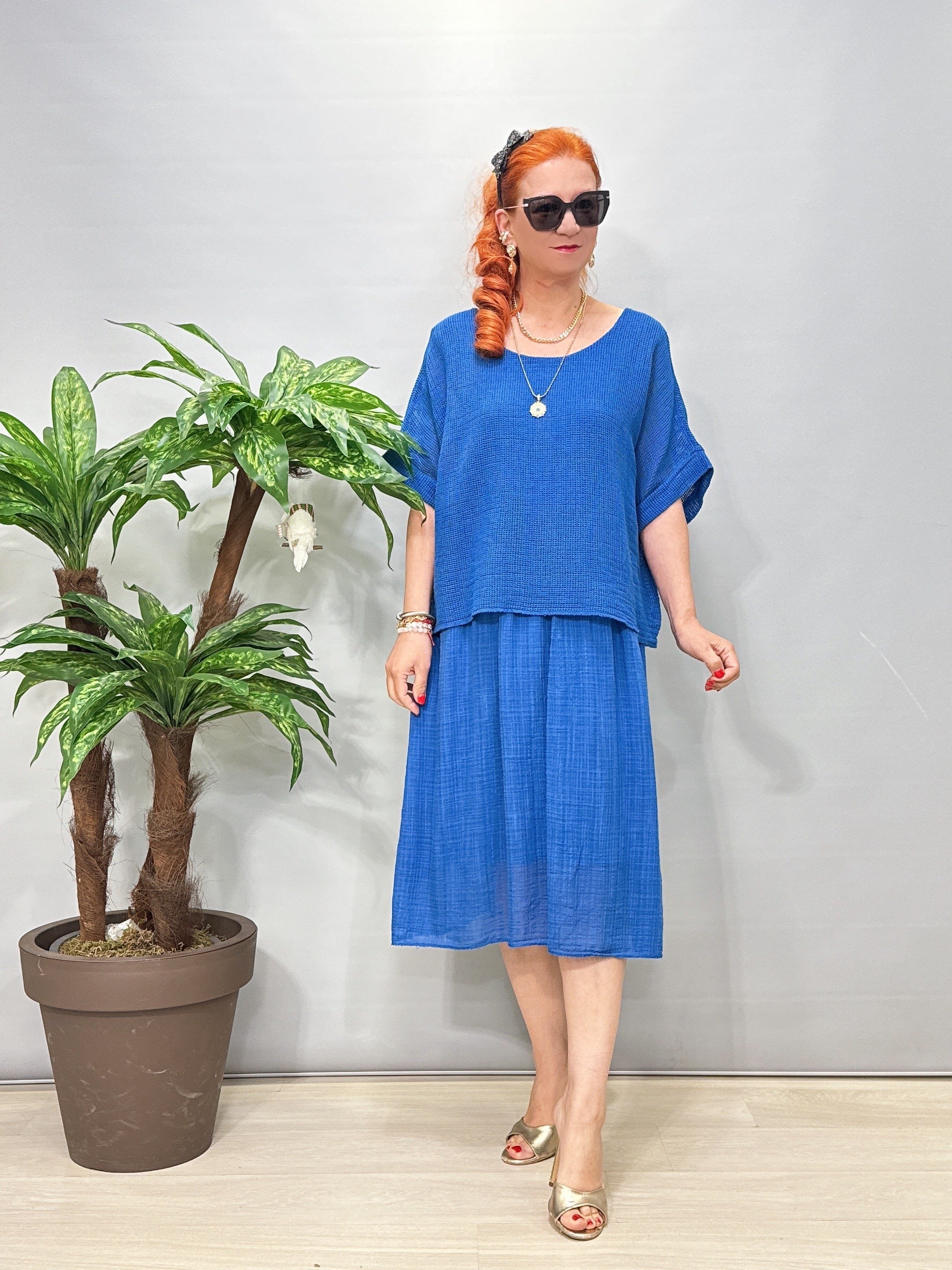 5051 Italyan Pamuklu Elbise Saks Mavı