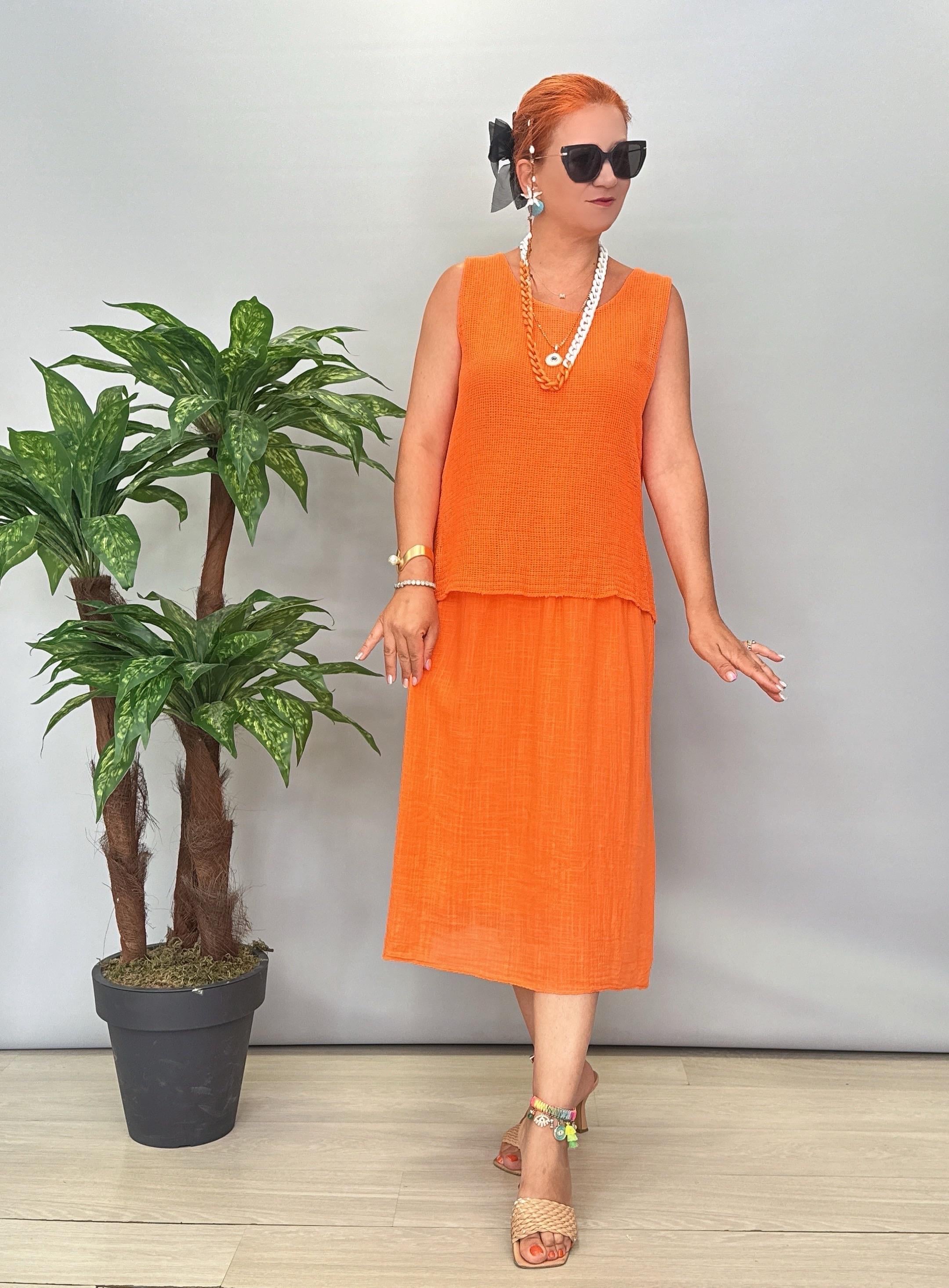 5051 Italyan Pamuklu Elbise Turuncu