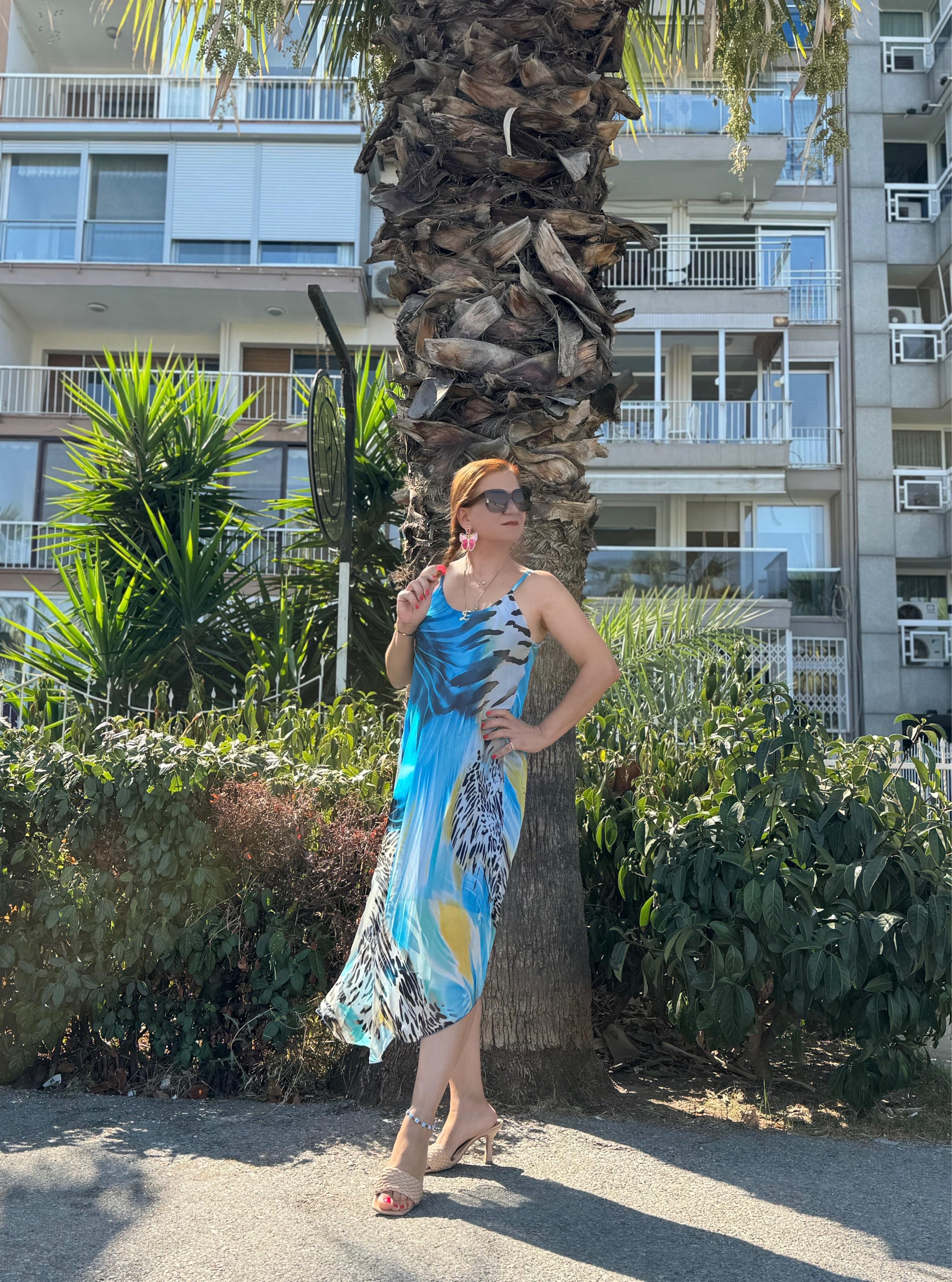 5060 PREMIUM İTALYAN İPEK LEOPAR DESEN ELBİSE MAVİ 36/44 BEDEN ARASI UYUMLUDUR