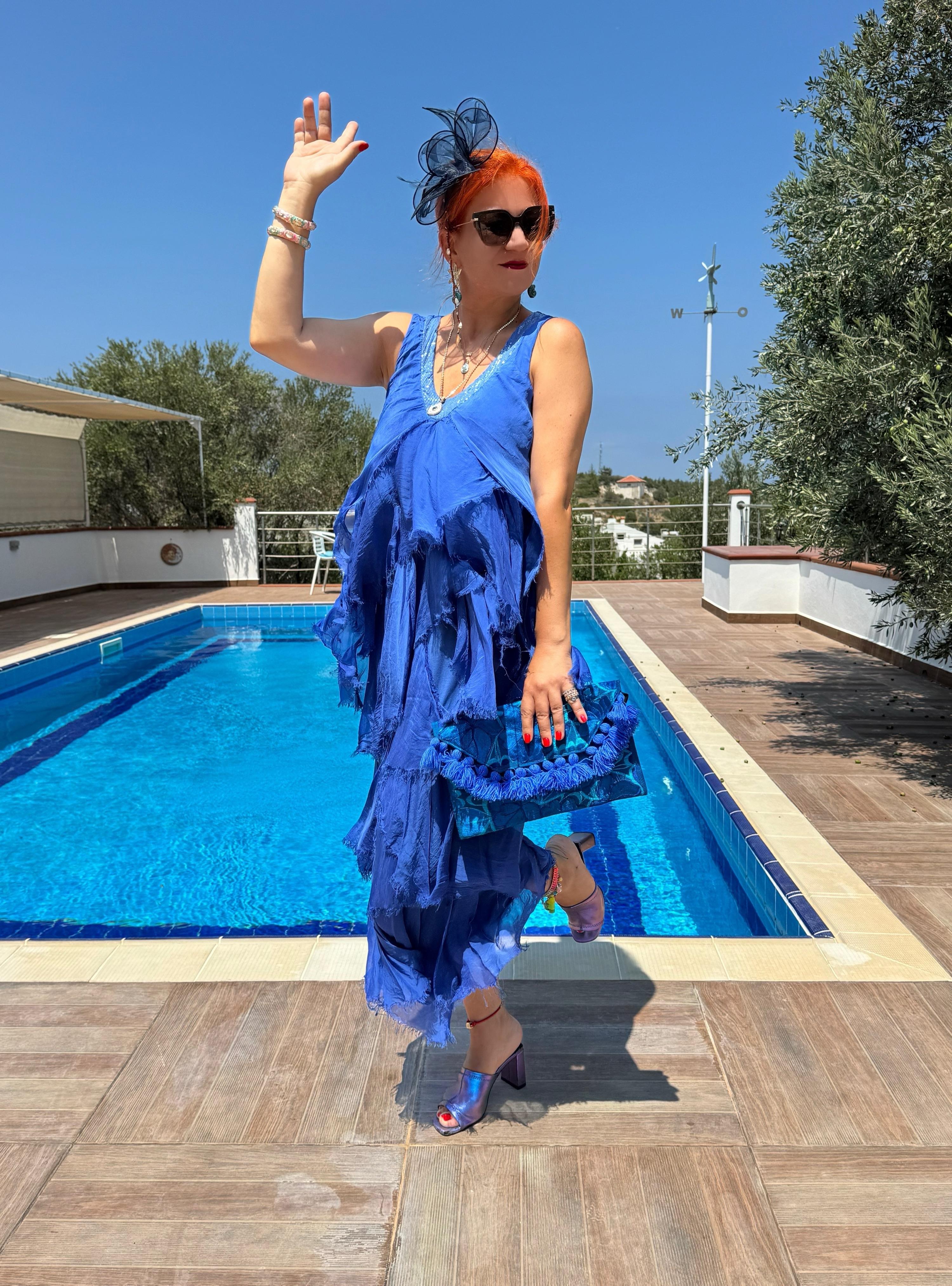 515 Italyan Tasarım İpek Elbise Saks Mavi