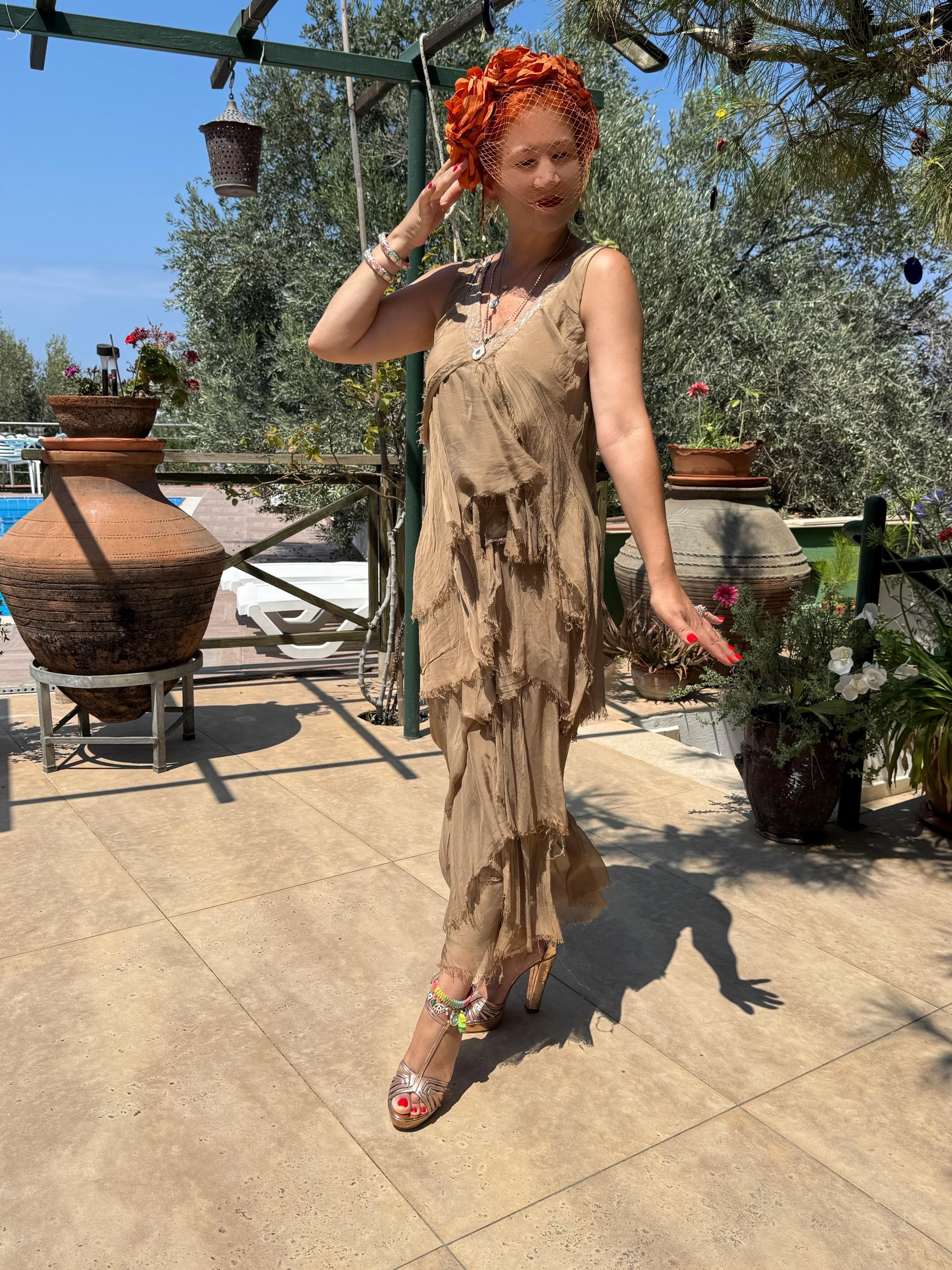 515 Italyan Tasarım İpek Elbise Vizon