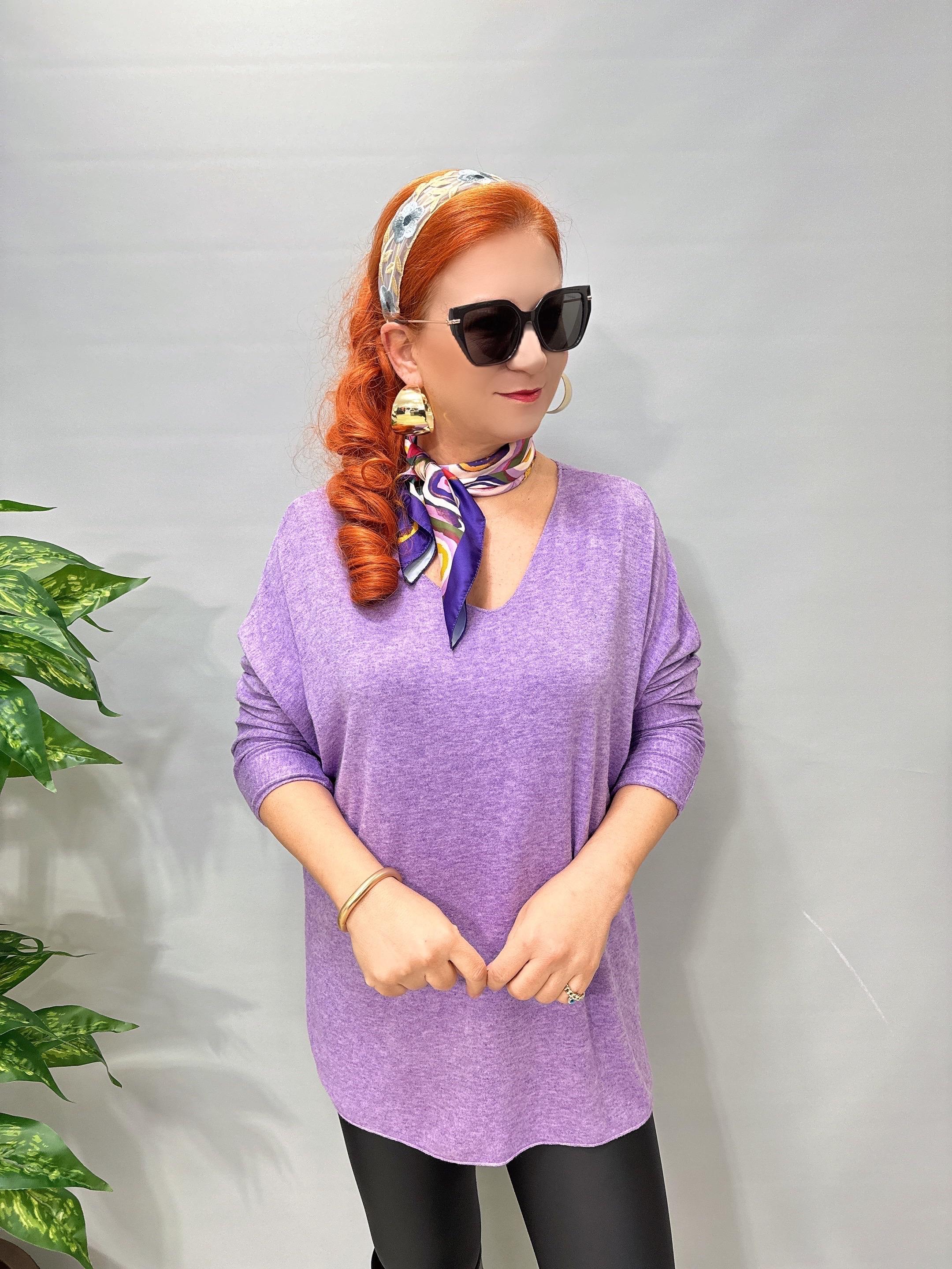 5214 Italyan Düz V Yaka Triko Bluz Lila