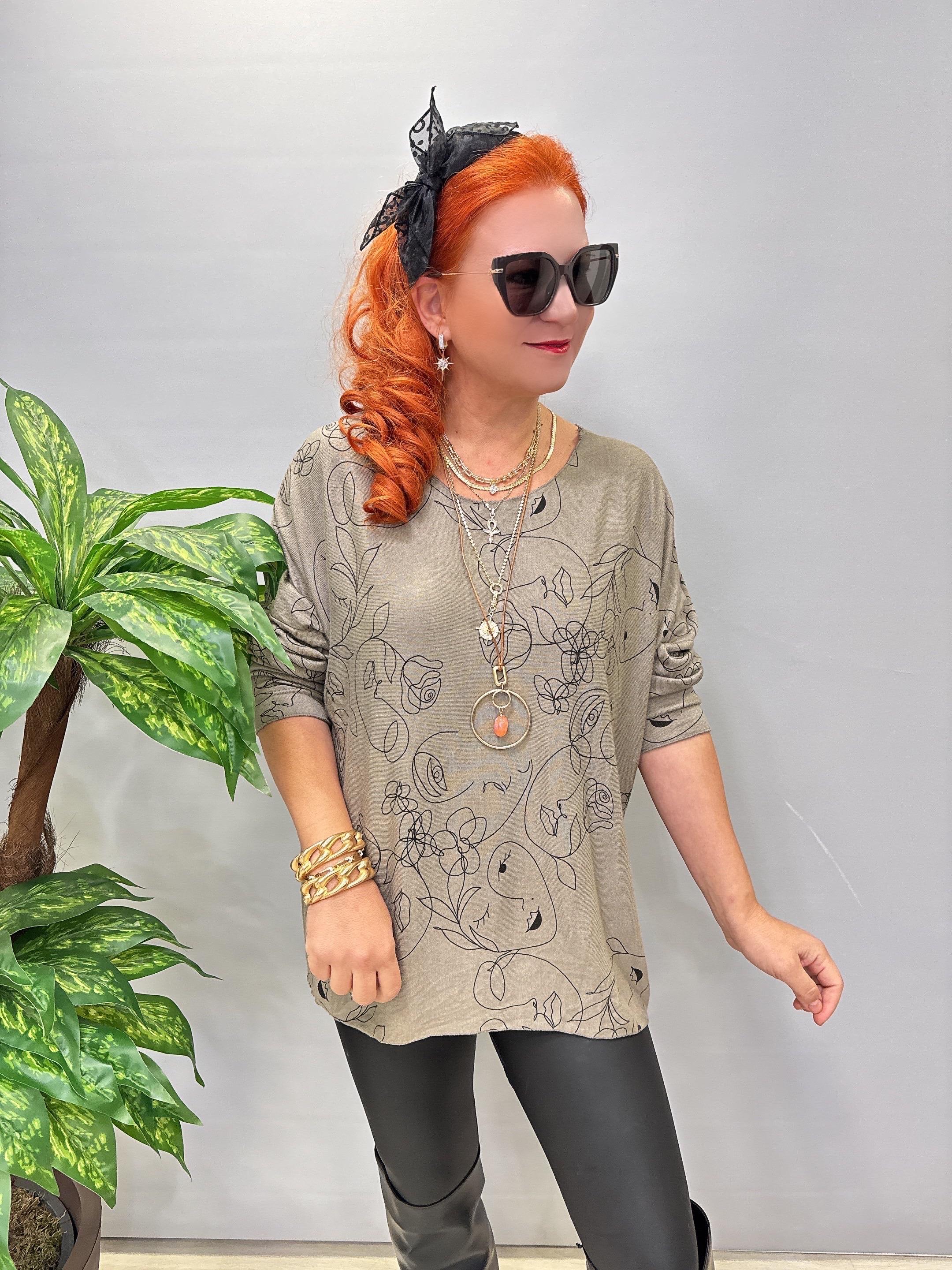 5455 Italyan Desenli Triko Bluz Vizon