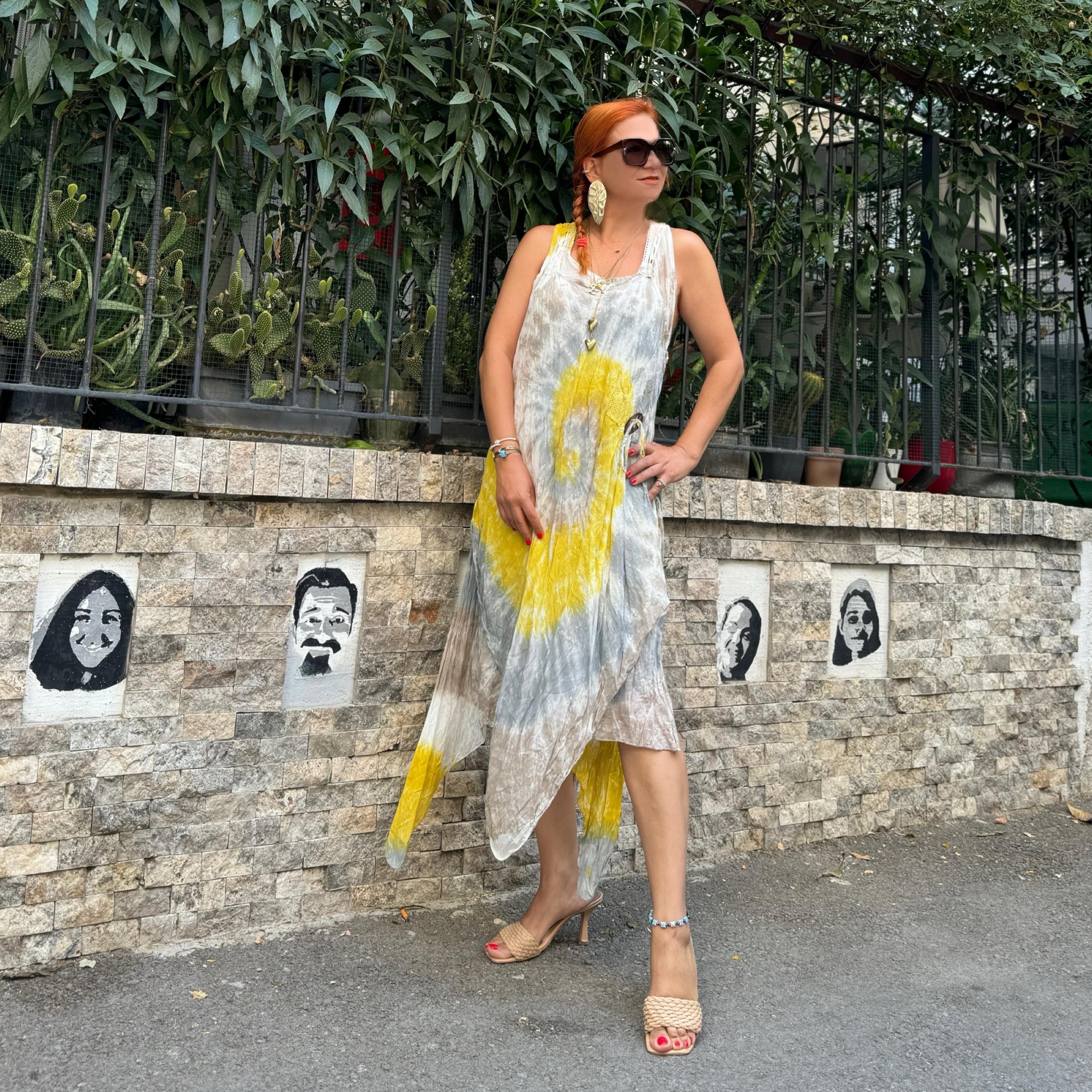 6010 PREMIUM İTALYAN PAMUK BATİK DESEN ELBİSE SARI 44 BEDENE KADAR UYUMLUDUR