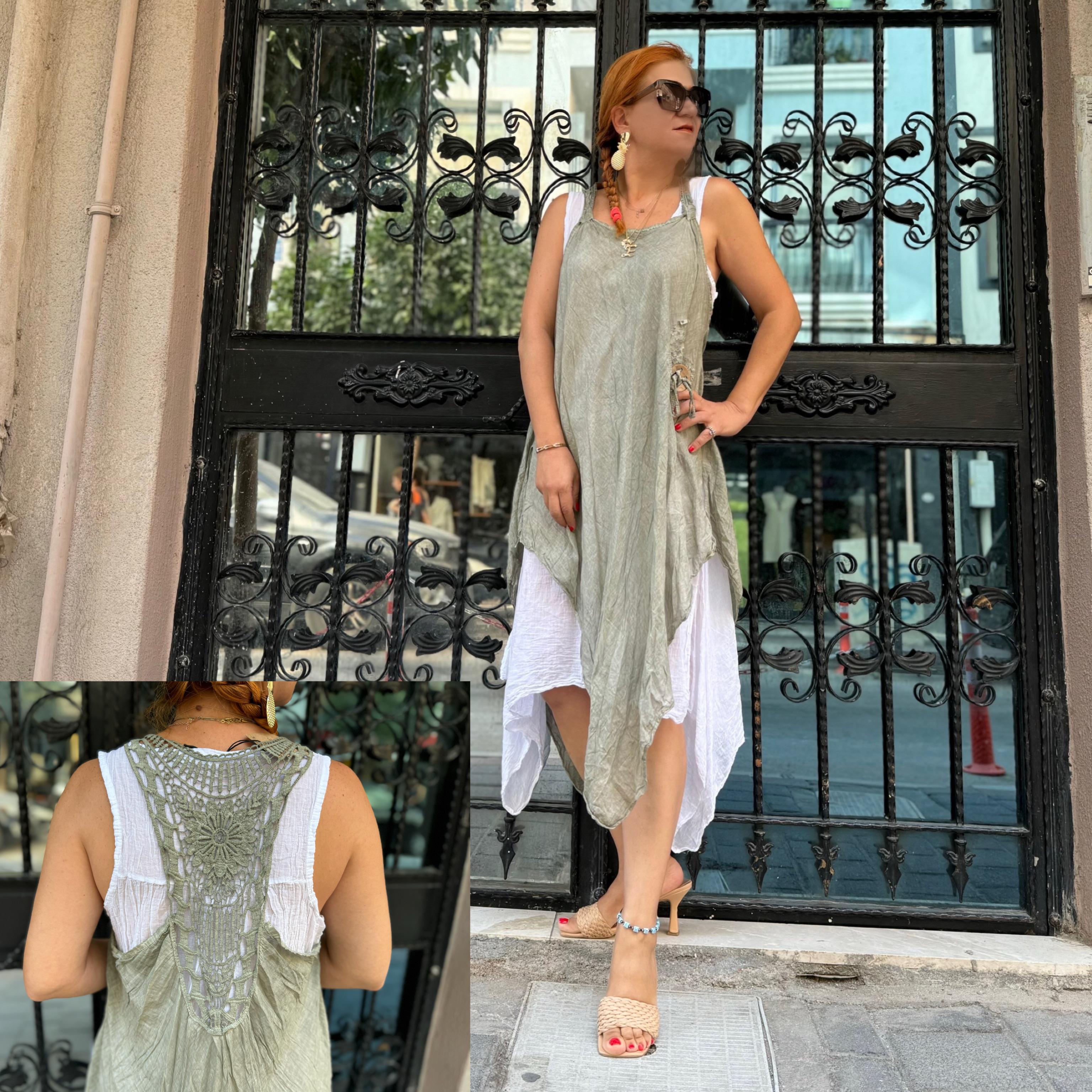 6010 PREMIUM İTALYAN TASARIM PAMUK ELBİSE YEŞİL  44 BEDENE KADAR UYUMLUDUR