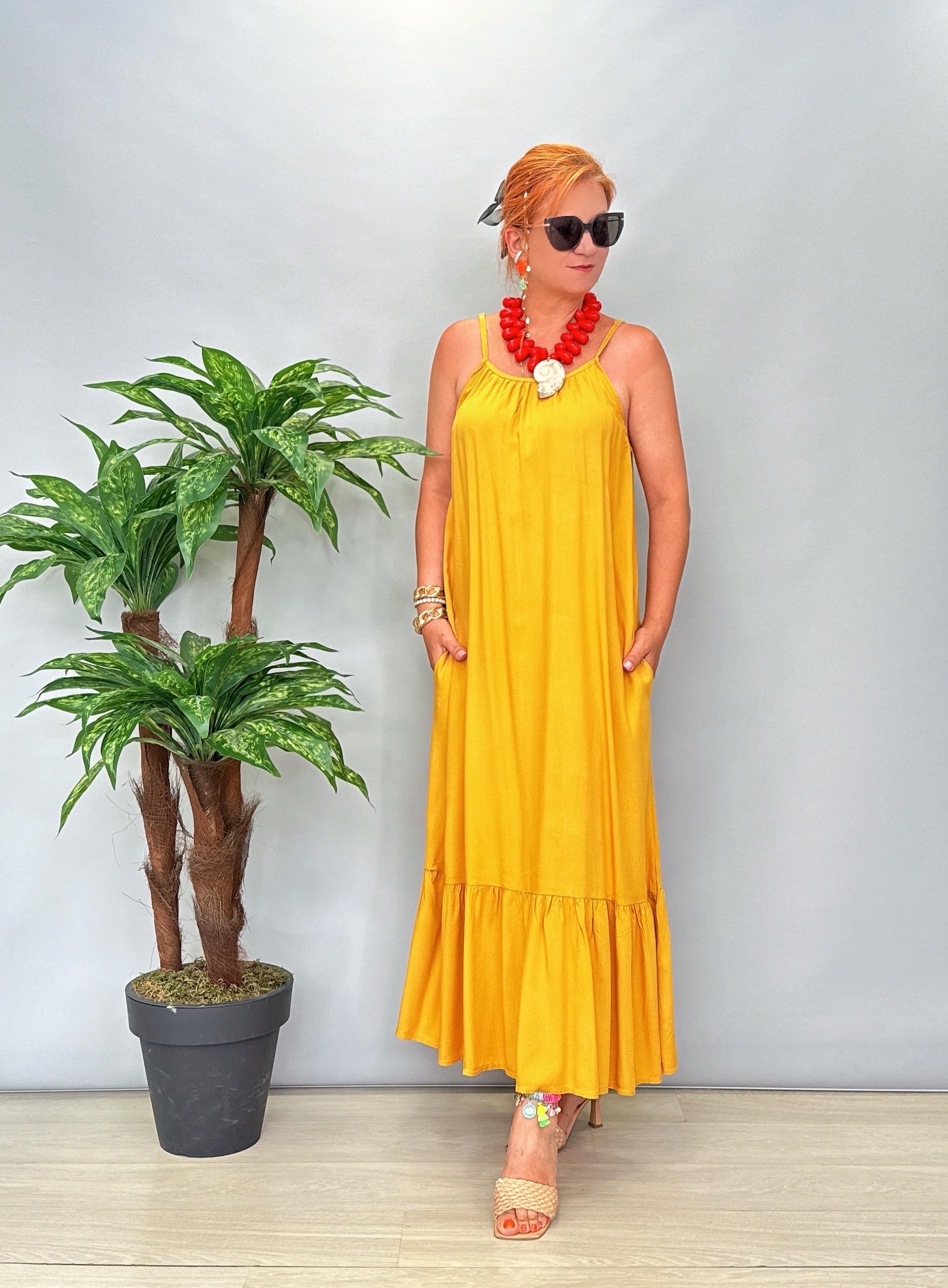 6024 Pamuklu Viskon Elbise Hardal Sarısı 