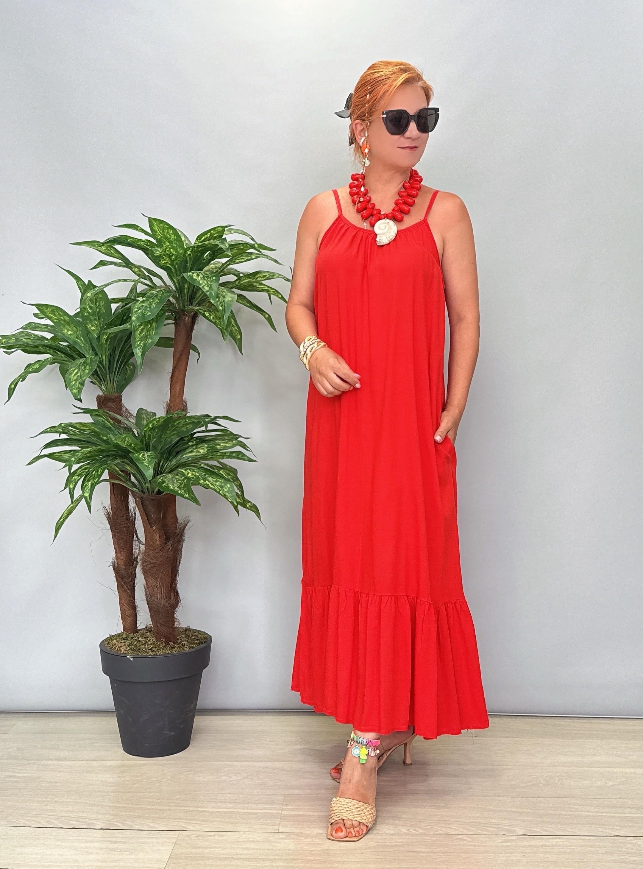 6024 Pamuklu Viskon Elbise Kırmızı