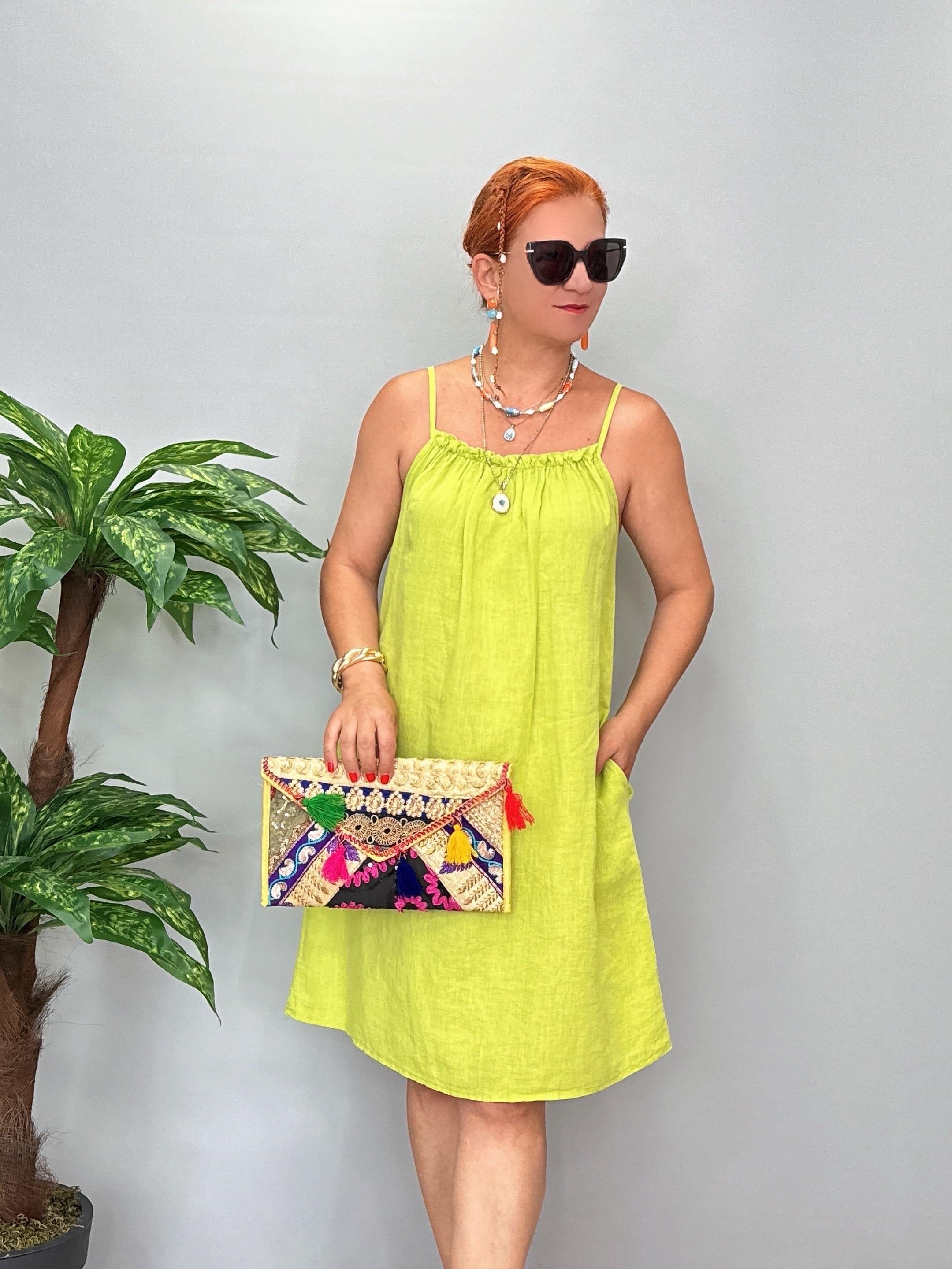 6055 Ham Keten Elbise Yeşil