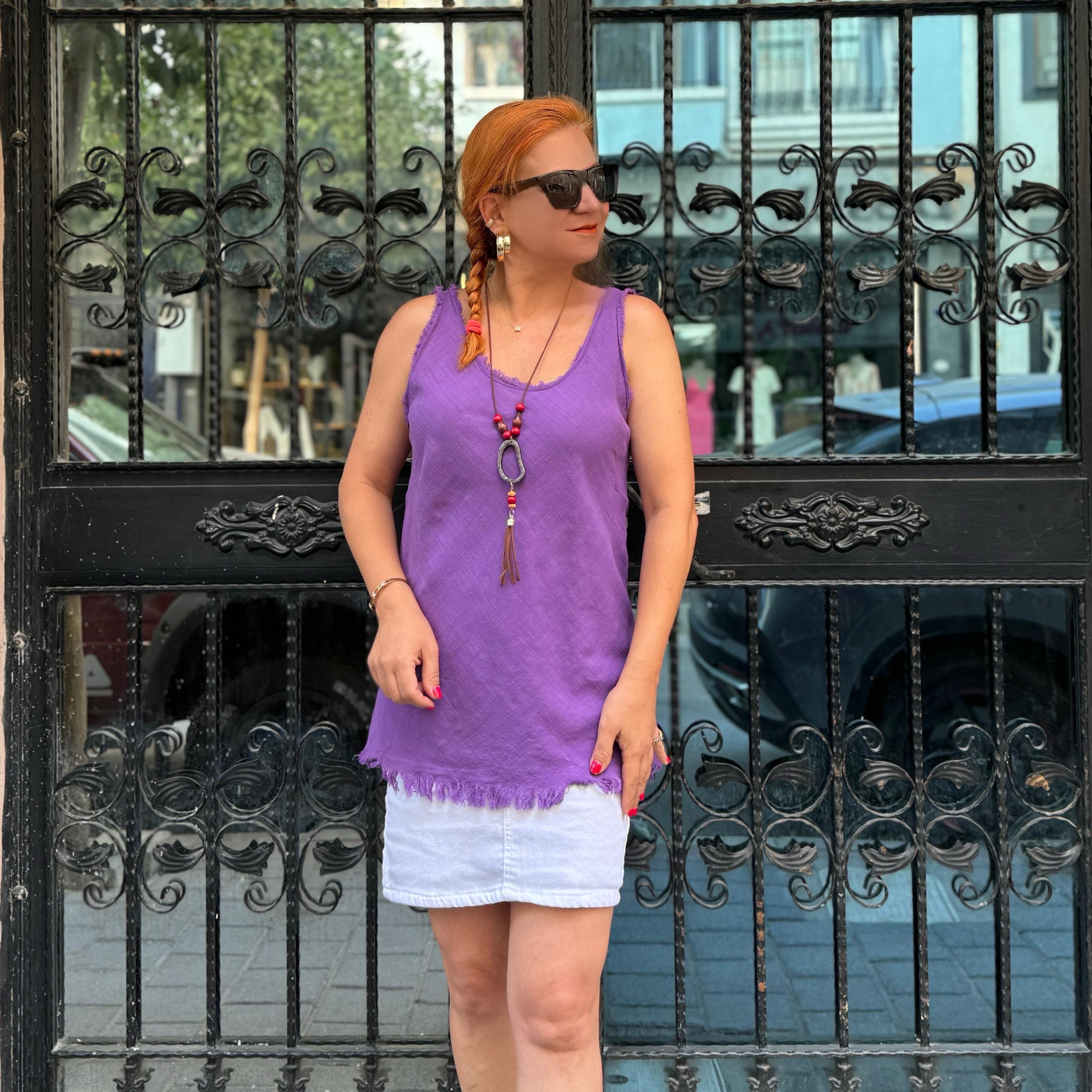 6100 KOLYE HEDİYELİ PAMUKLU ASKILI BLUZ MOR 36-40 BEDEN UYUMLUDUR