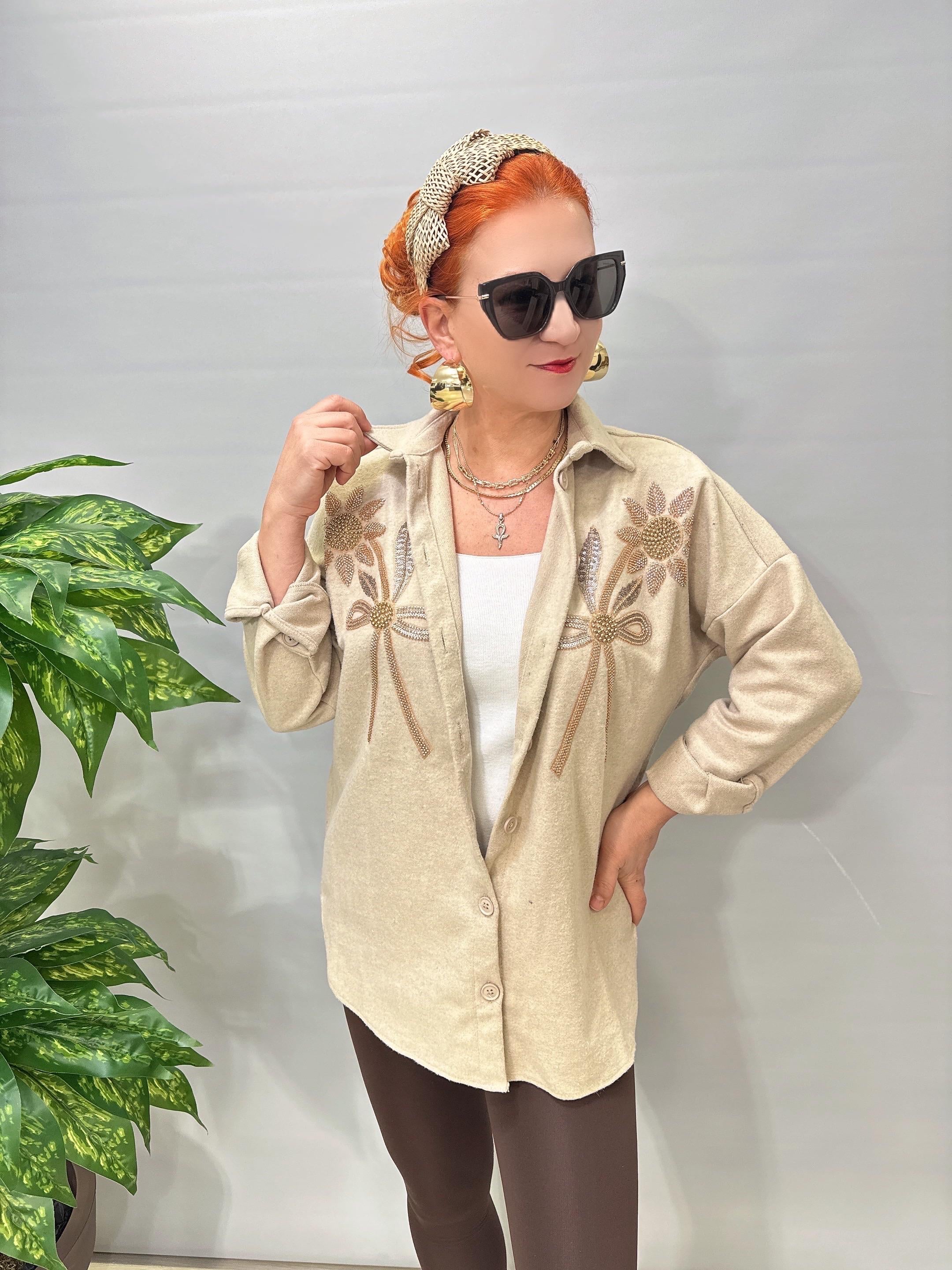 6226 Taş Boncuk İşlemeli Kaşe Gömlek-Ceket