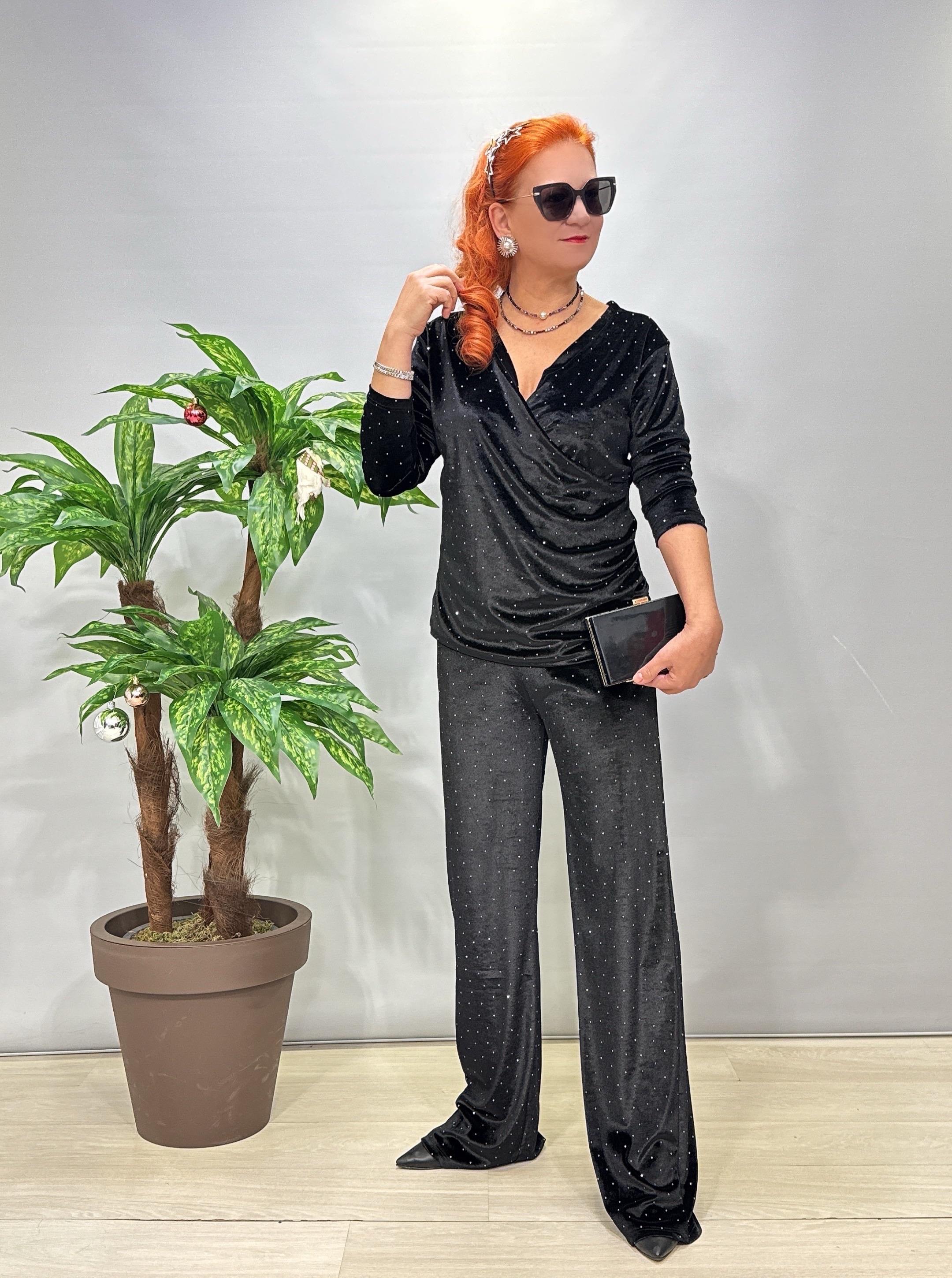 6310 Kruvaze Yaka Bluzlu Kadife Takım Siyah