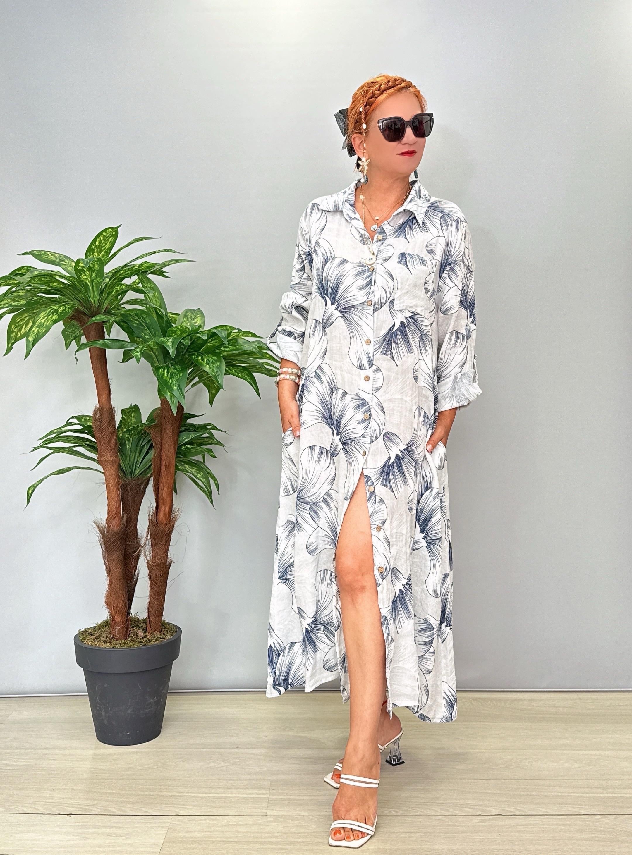 6515 Italyan Ham Keten Elbise Beyaz