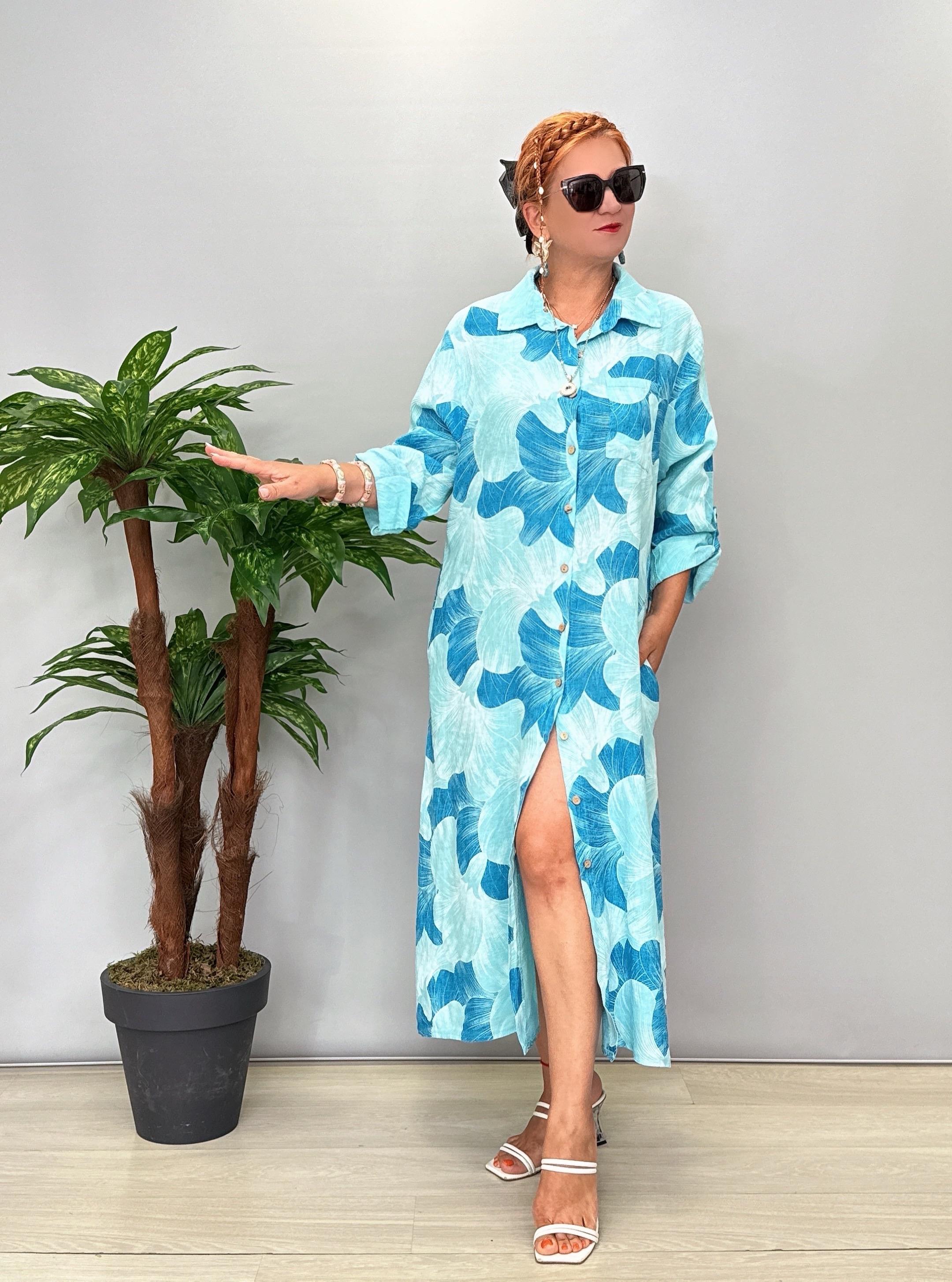 6515 Italyan Ham Keten Elbise Mavi