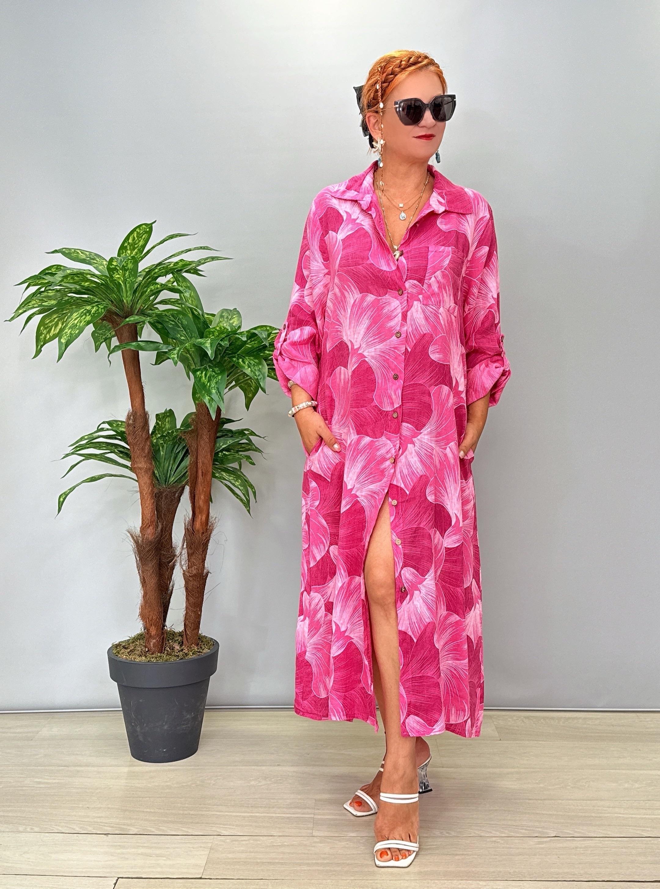 6515 Italyan Ham Keten Elbise Pembe