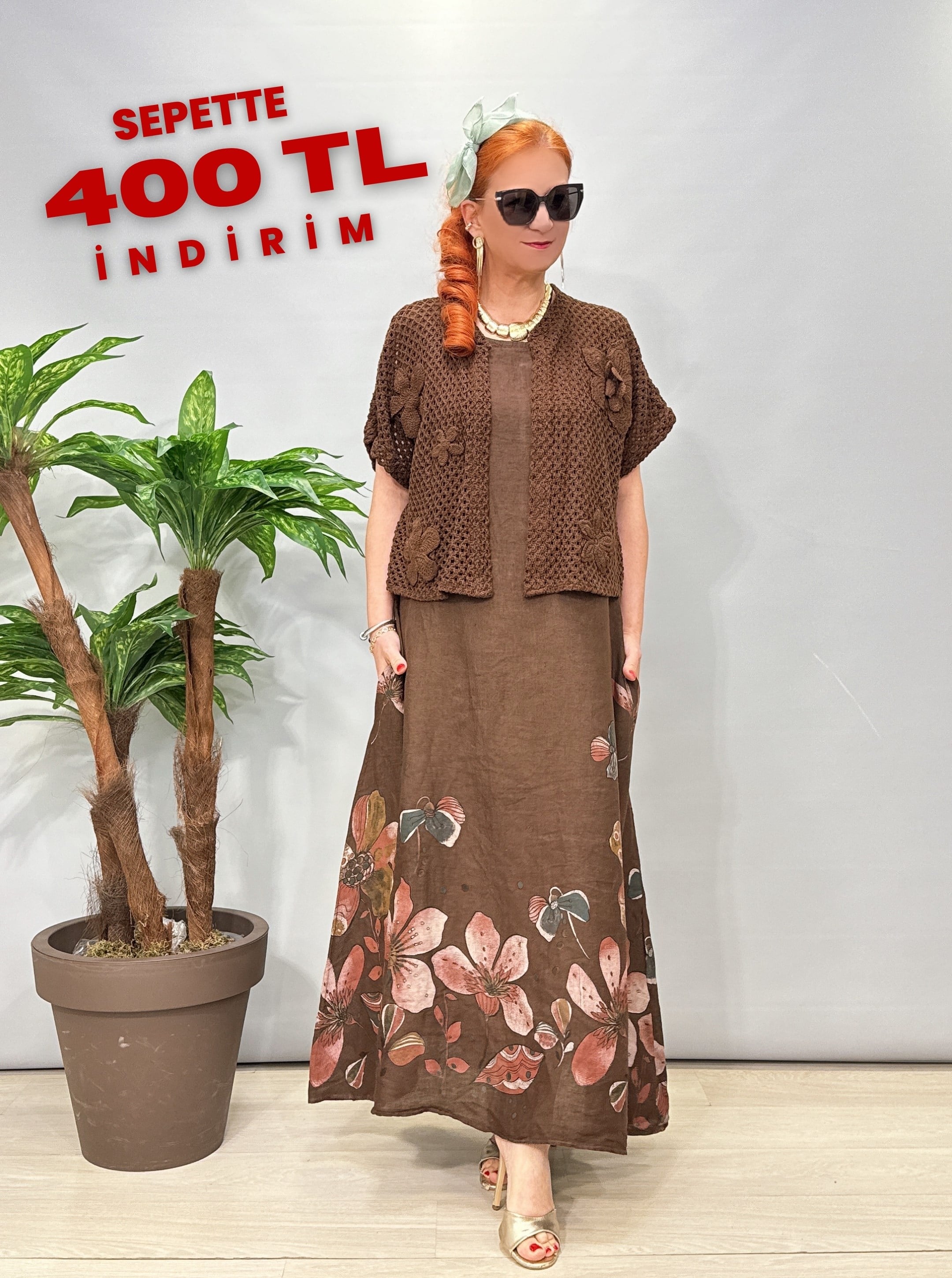 6530 Italyan Ham Keten Elbise Kahve