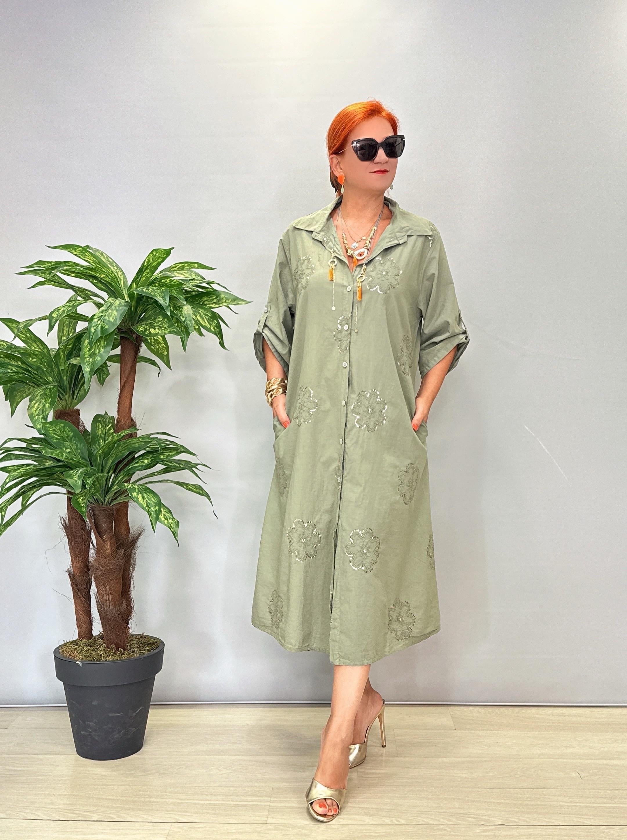 6540 Italyan Payet Detay Elbise Haki