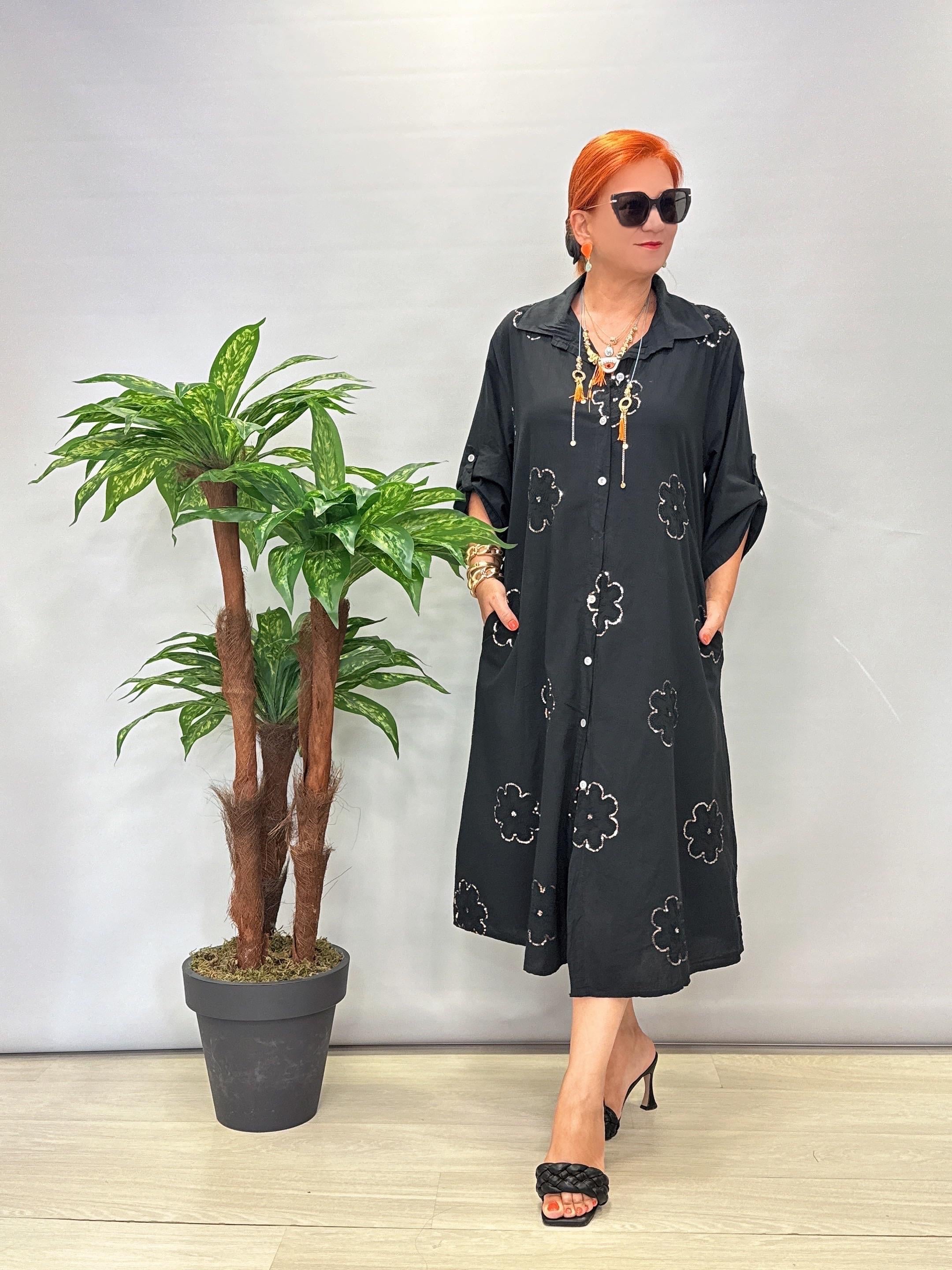 6540 Italyan Payet Detay Elbise Siyah