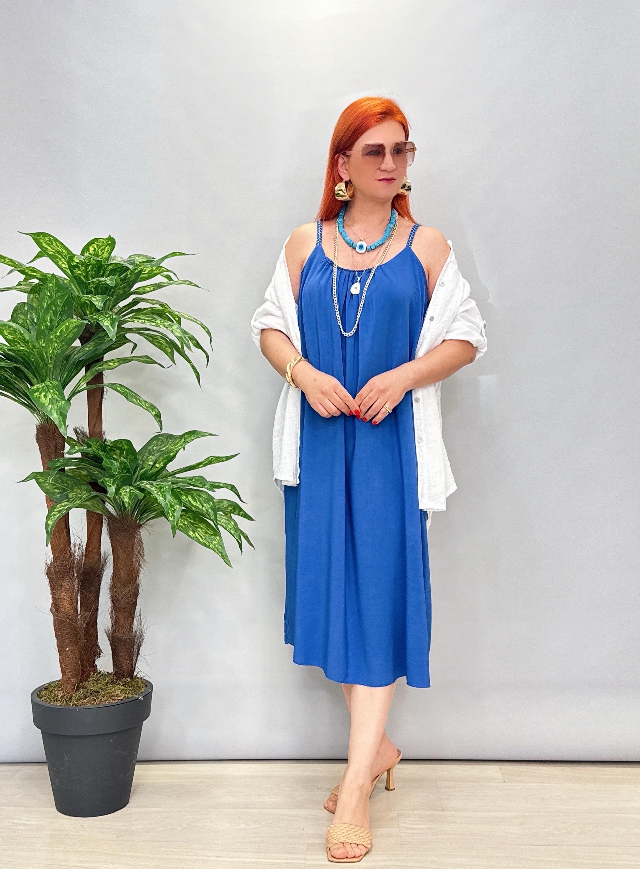 6615 İtalyan Tensel Viskon Elbise Saks Mavi