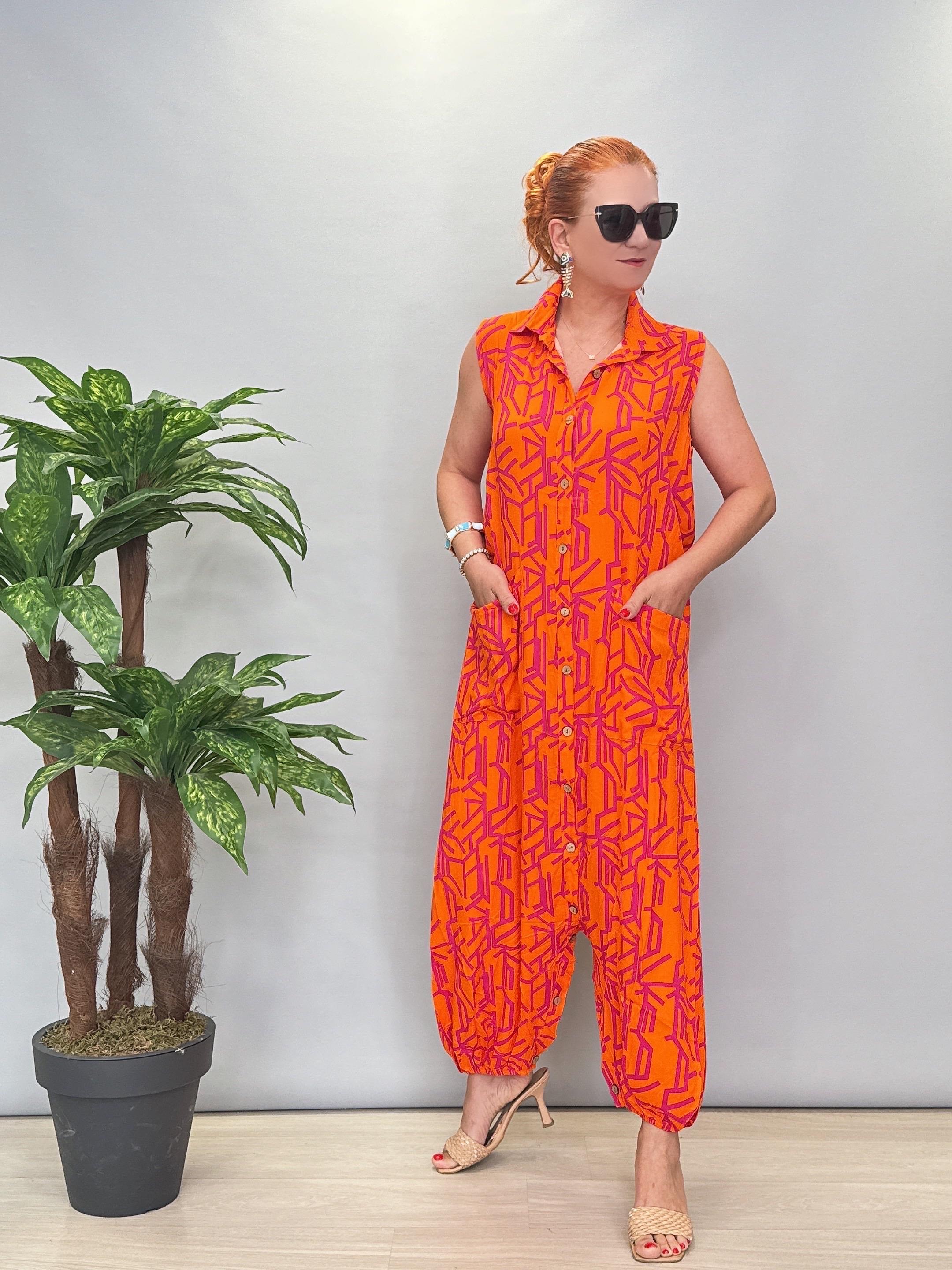 6632 Pamuklu Tulum/Elbise Desenli Turuncu