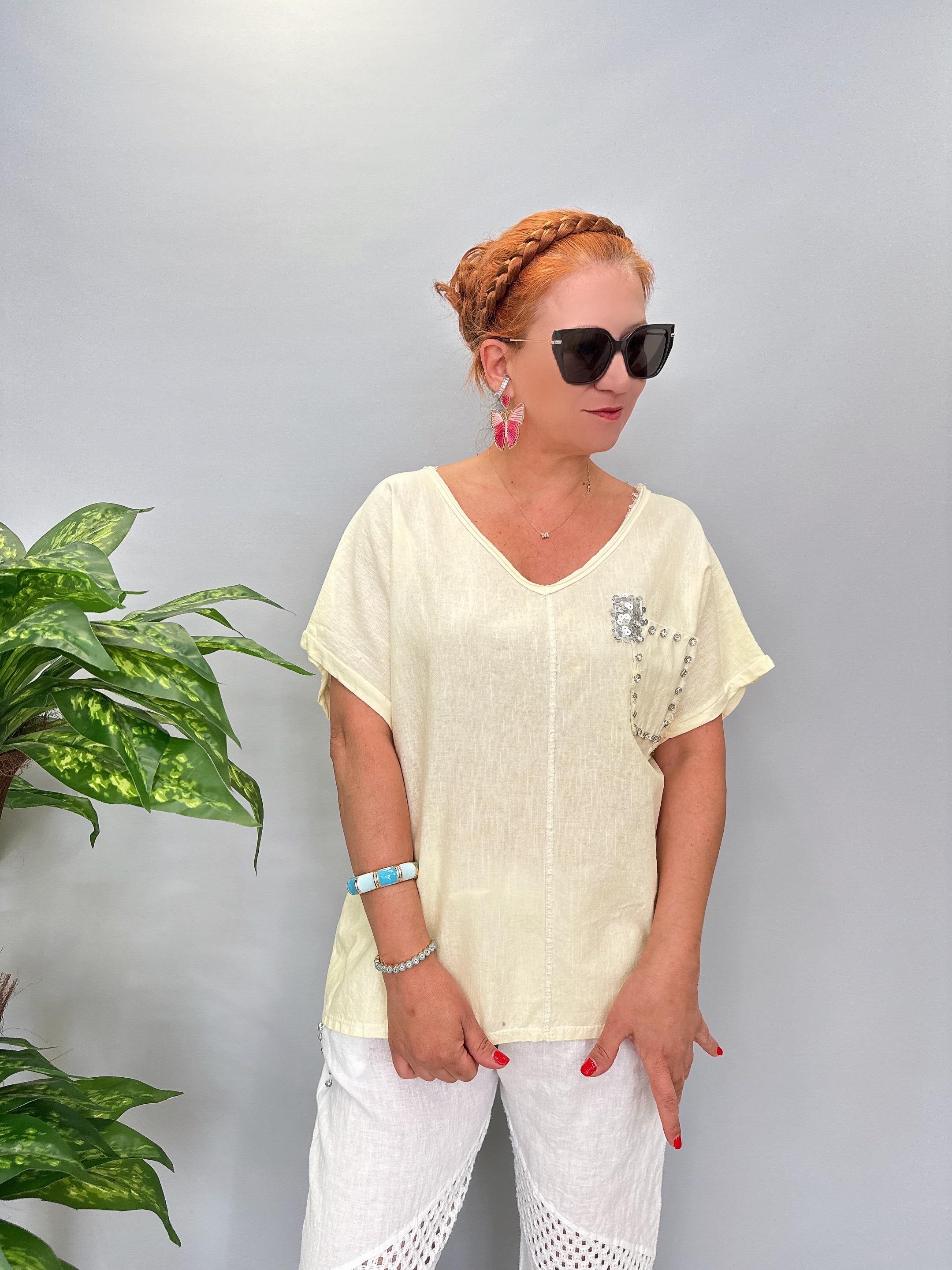 6670 Italyan Pamuklu Bluz Sarı Tonu