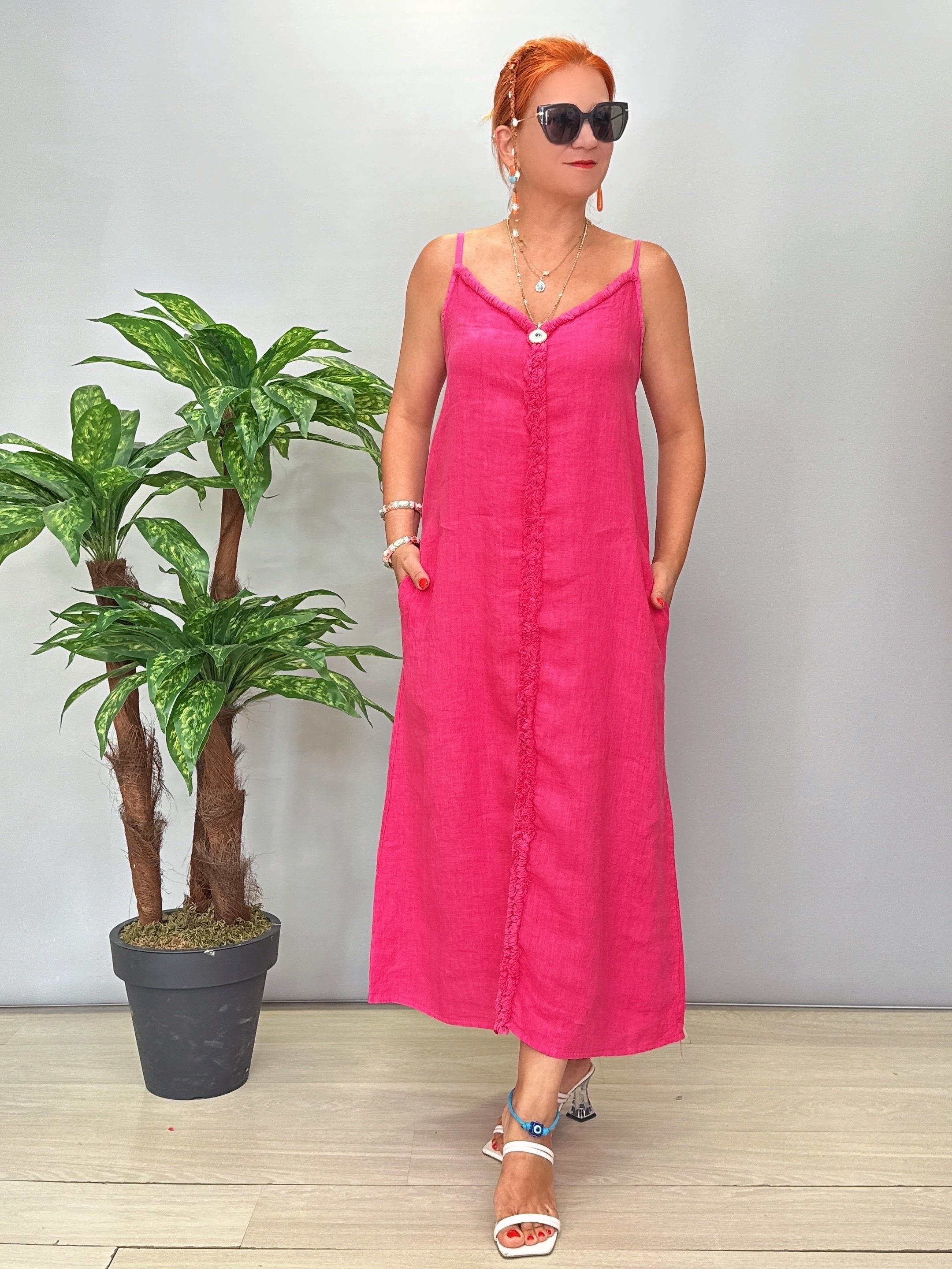 7004 Italyan Keten Elbise Fuşya