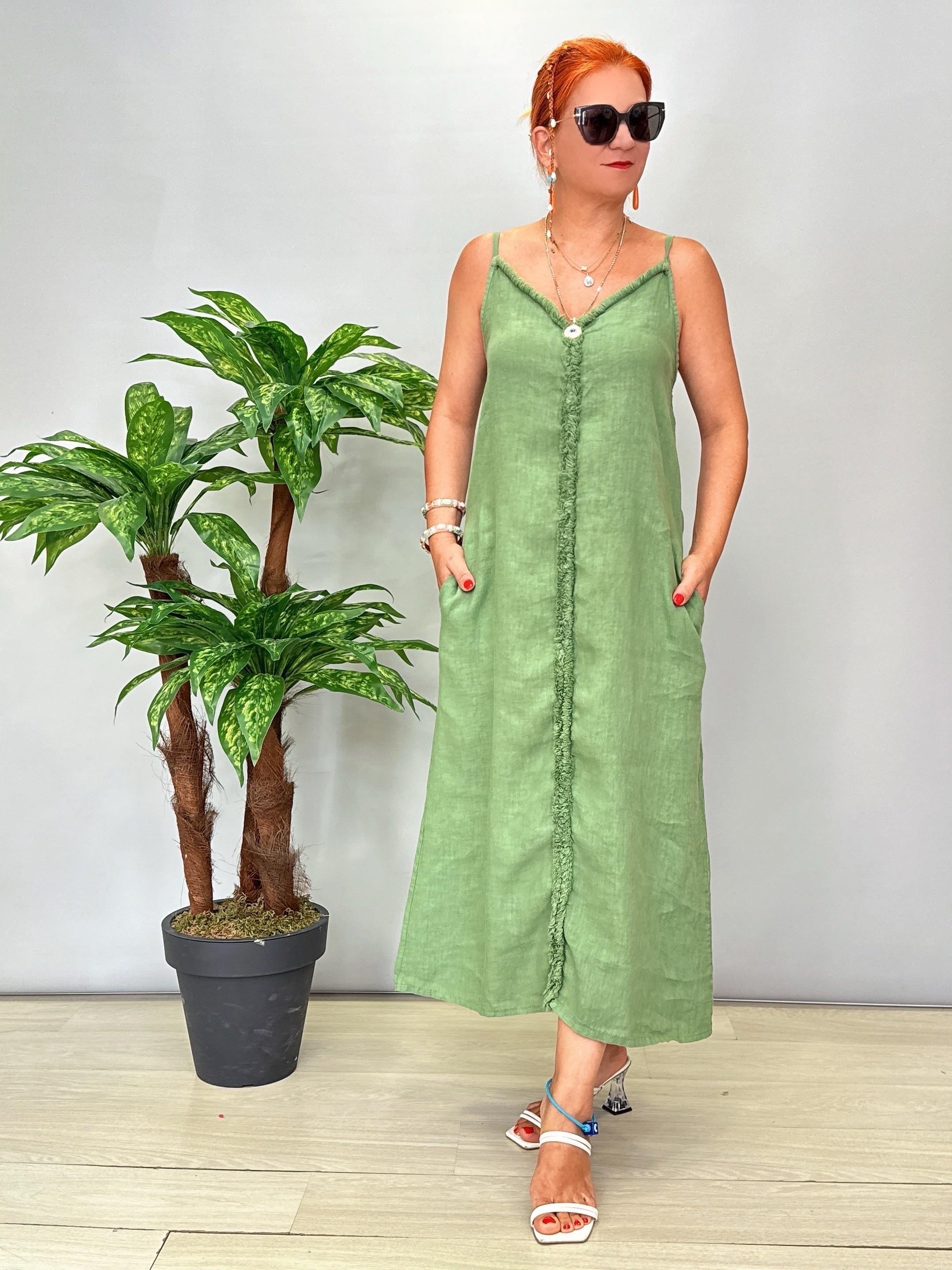 7004 Italyan Keten Elbise Haki