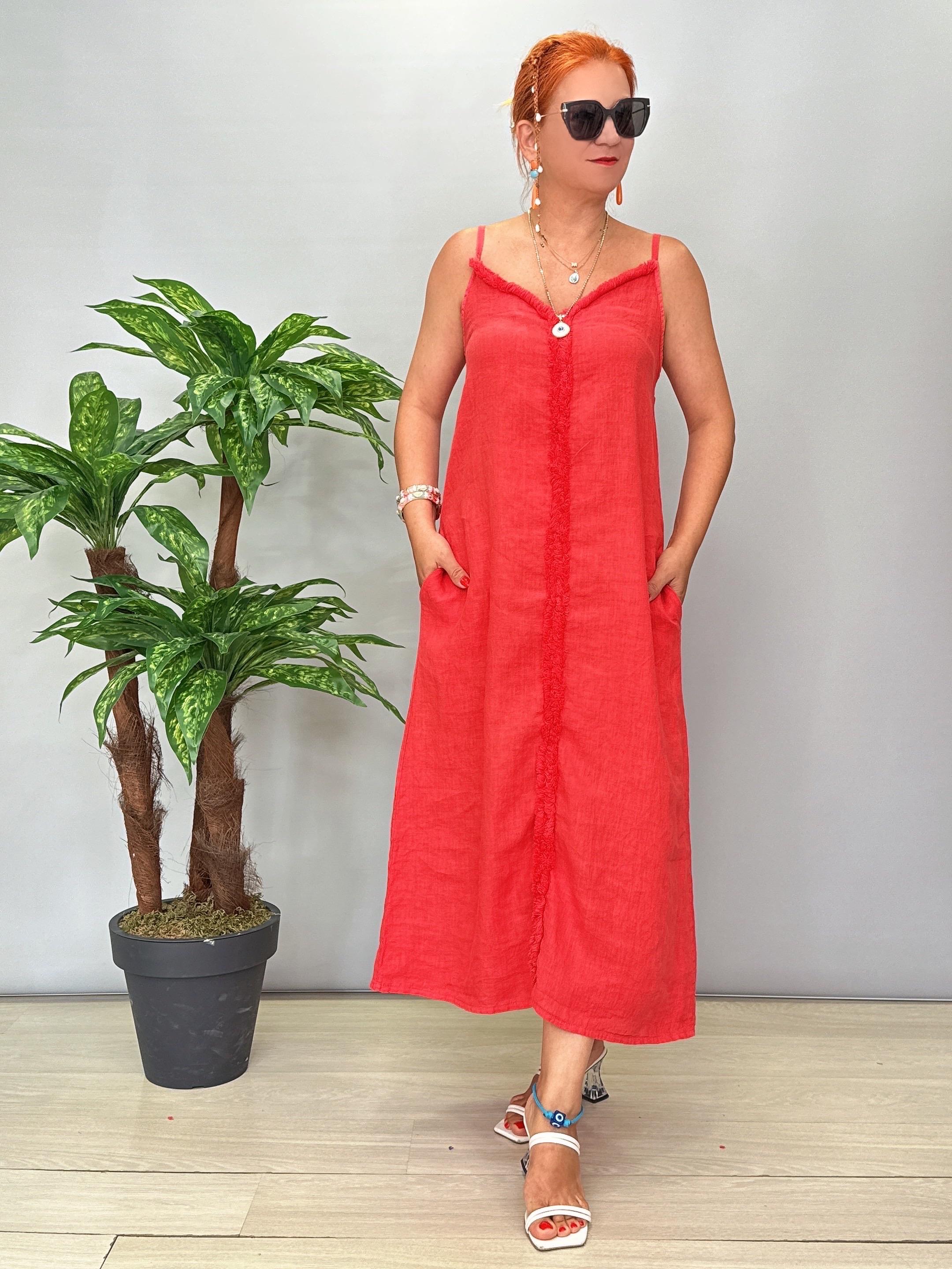 7004 Italyan Keten Elbise Nar Çiçeği