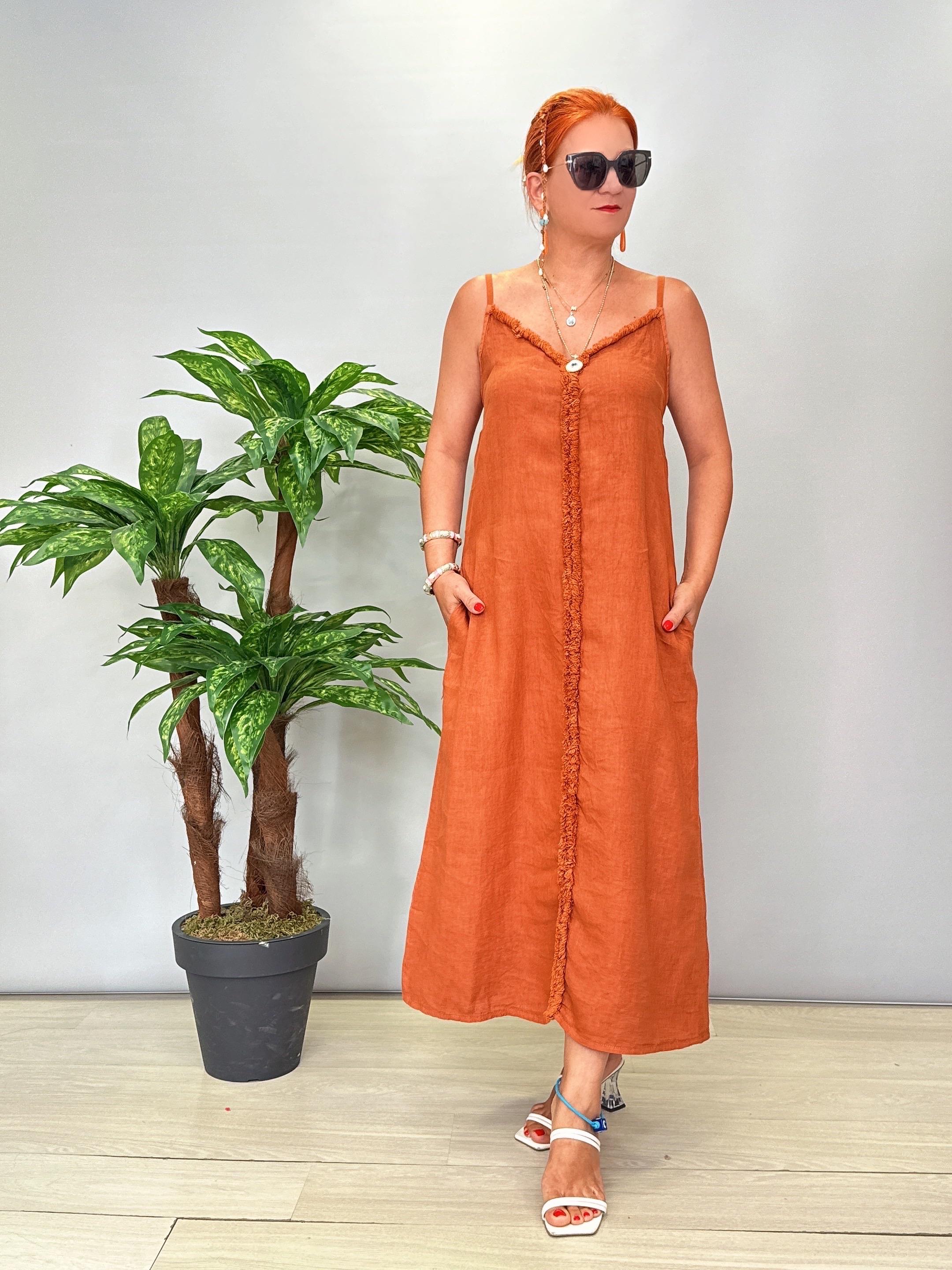 7004 Italyan Keten Elbise Tarçın